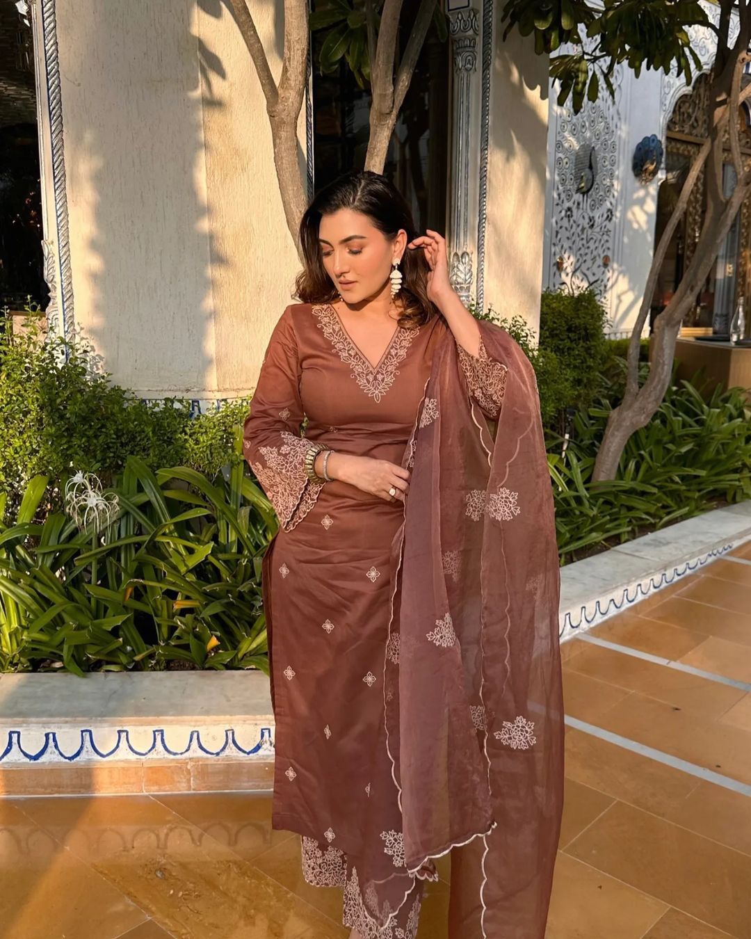 Casual Wear Thread Work Brown Color Salwar Suit