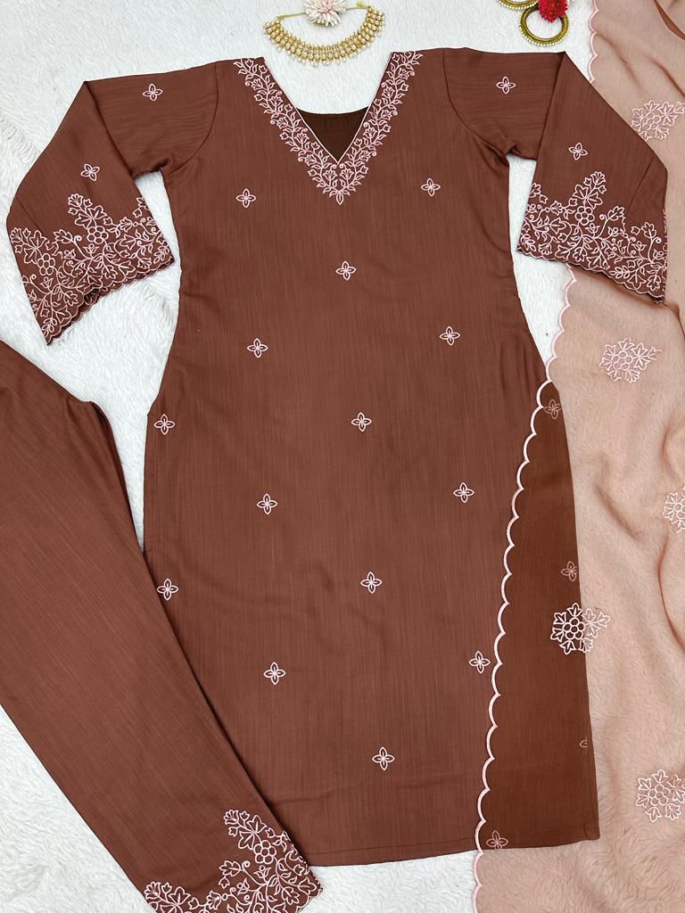 Casual Wear Thread Work Brown Color Salwar Suit