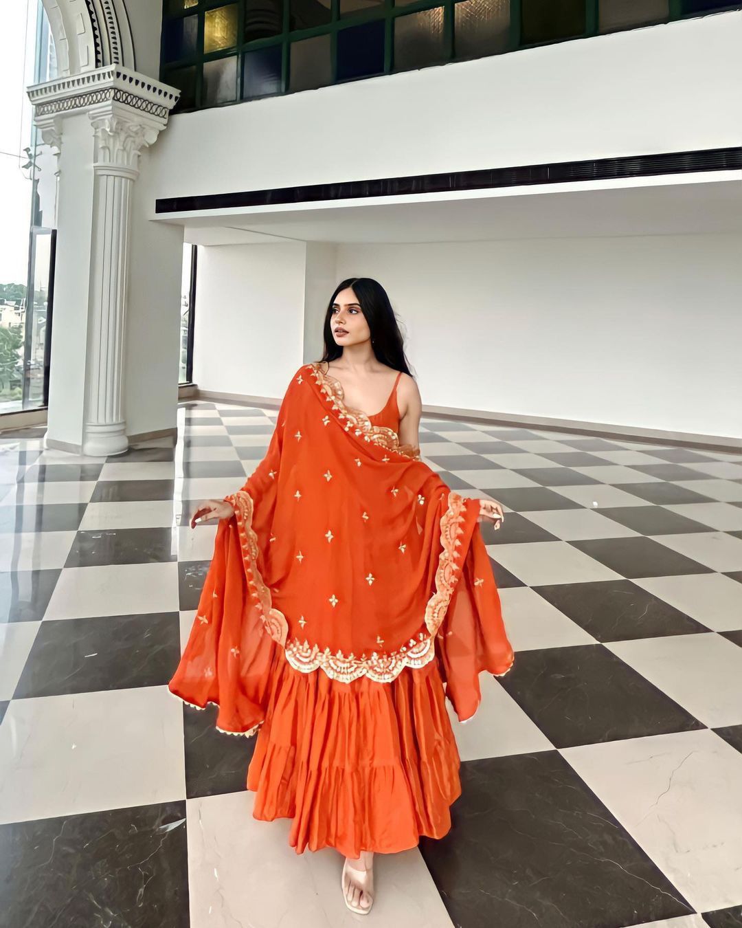 Beautiful Orange Color Ruffle Flair Anarkali Gown