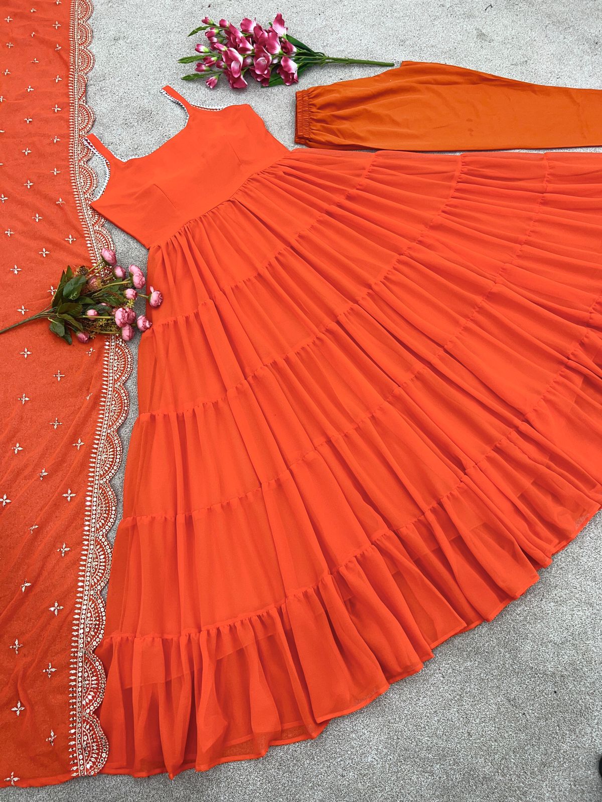 Beautiful Orange Color Ruffle Flair Anarkali Gown