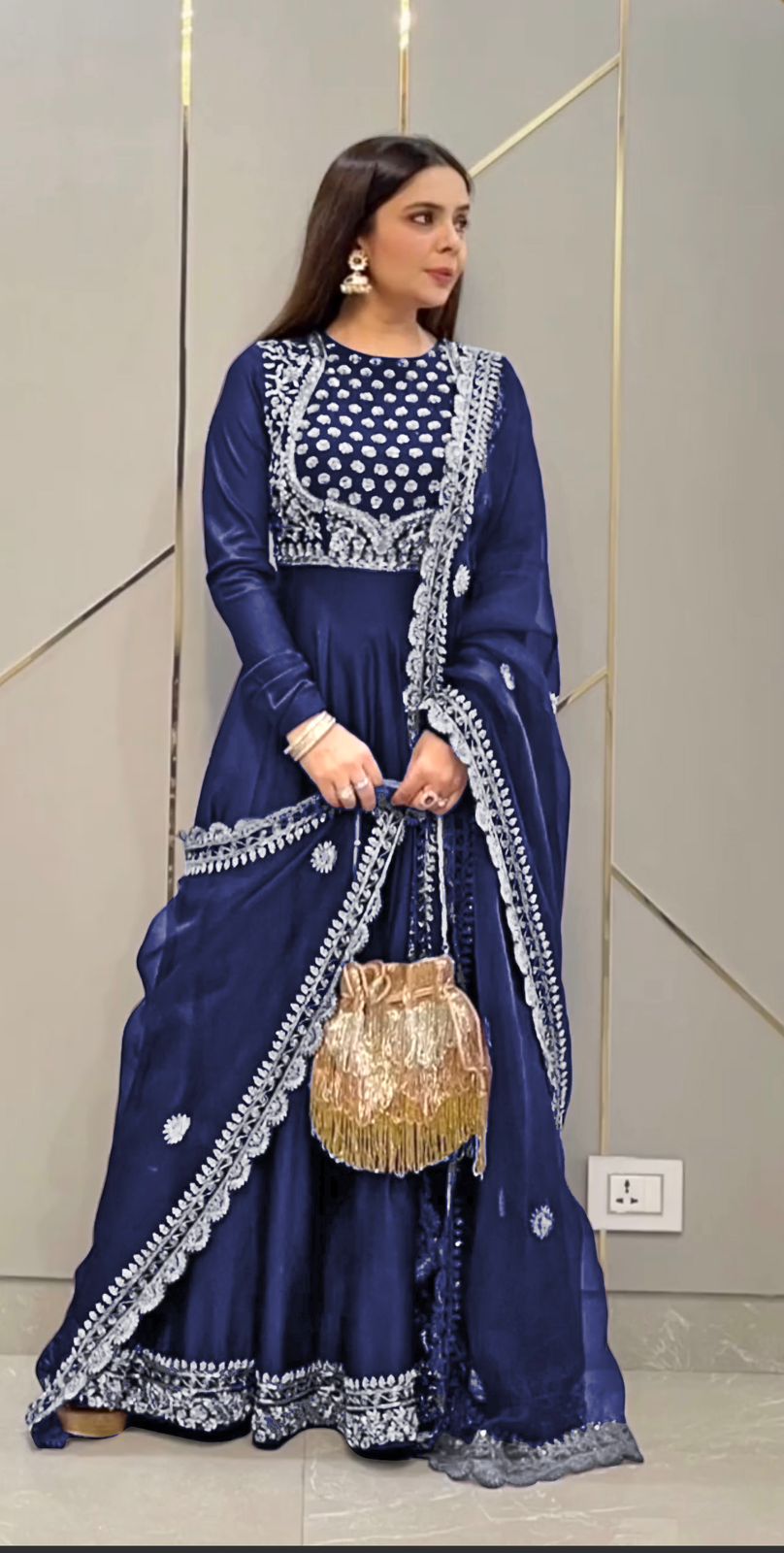 Wonderful Embroidery Work Navy Blue  Color Anarkali Gown