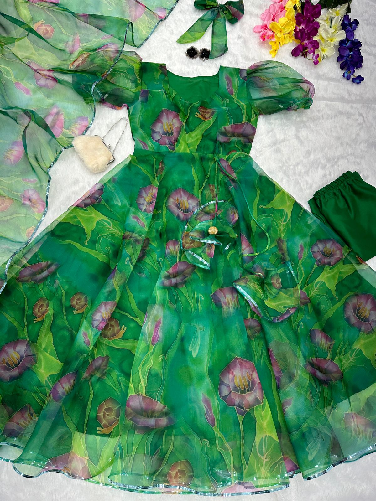 Organza Silk Green Color Anarkali Suit