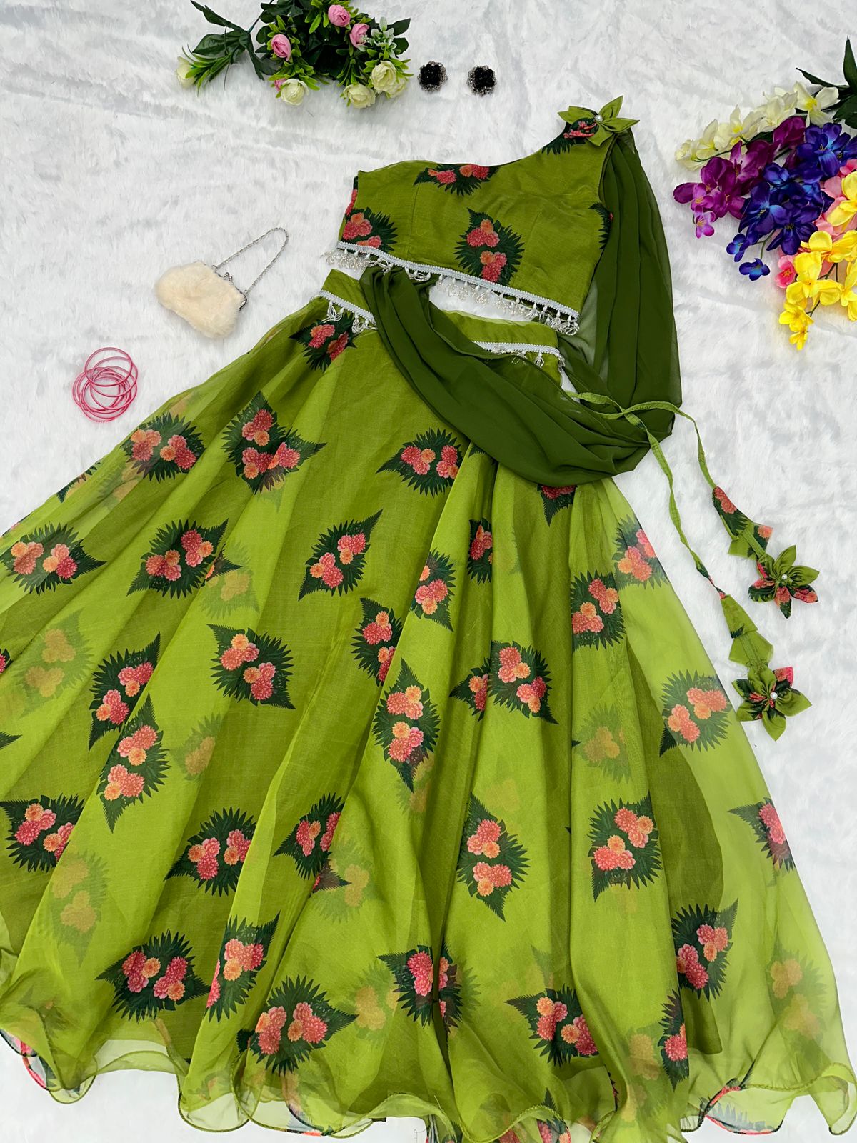 Lovely Organza Silk Green Color Lehenga With Stylish Blouse