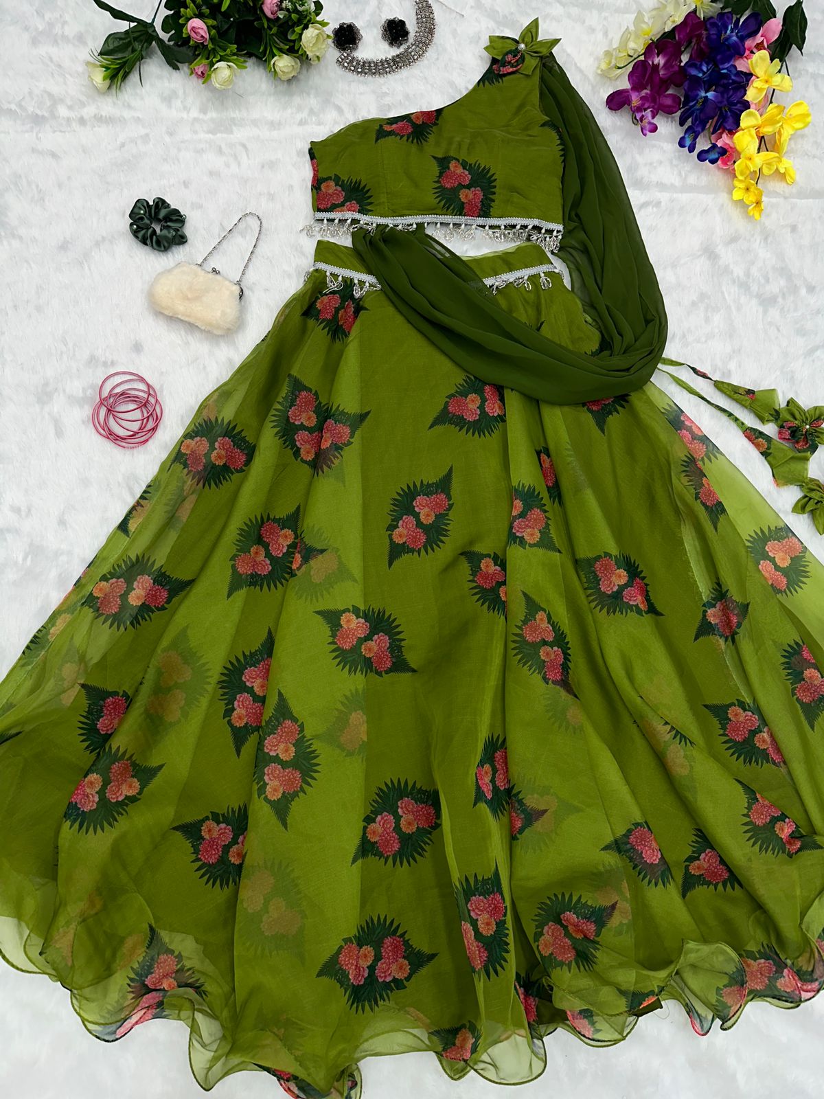 Lovely Organza Silk Green Color Lehenga With Stylish Blouse