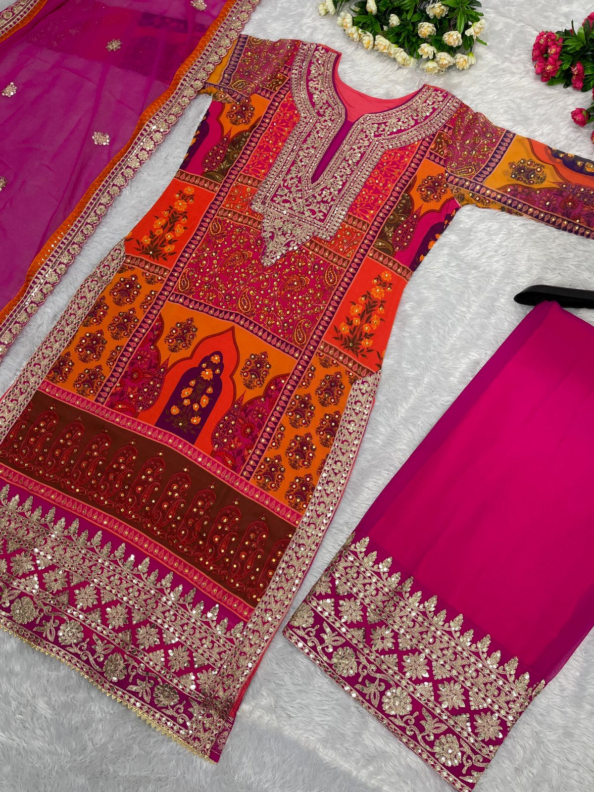 Fantastic Multi Design Pattern Pink Color Sharara Suit