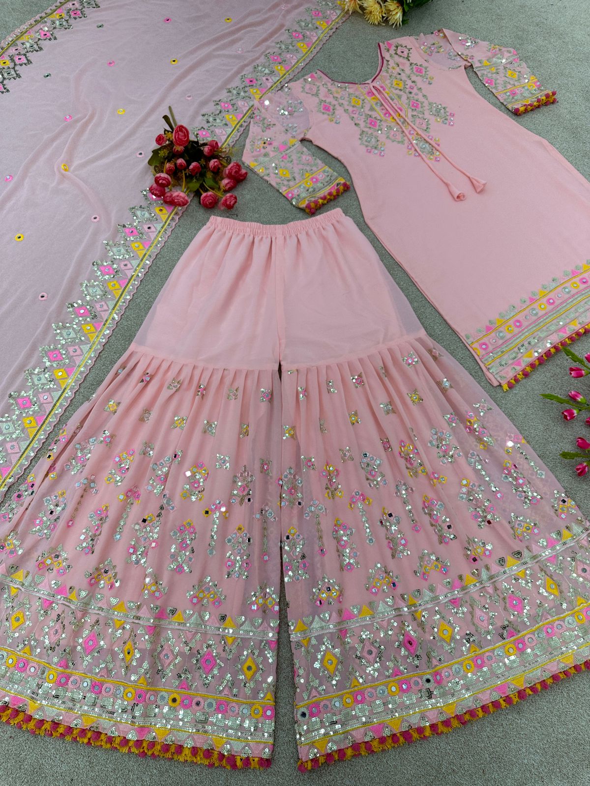 Embellished Sequence Work Pink Color Sharara Suit