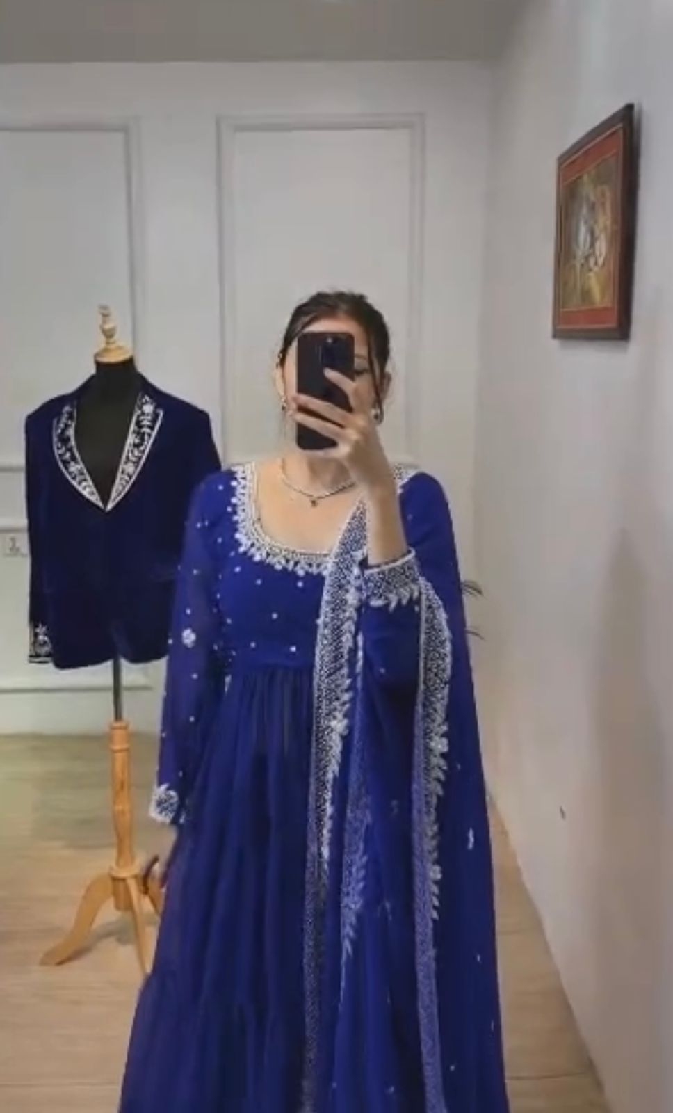 Ruffle Style Blue Color Sequence Work Anarkali Gown