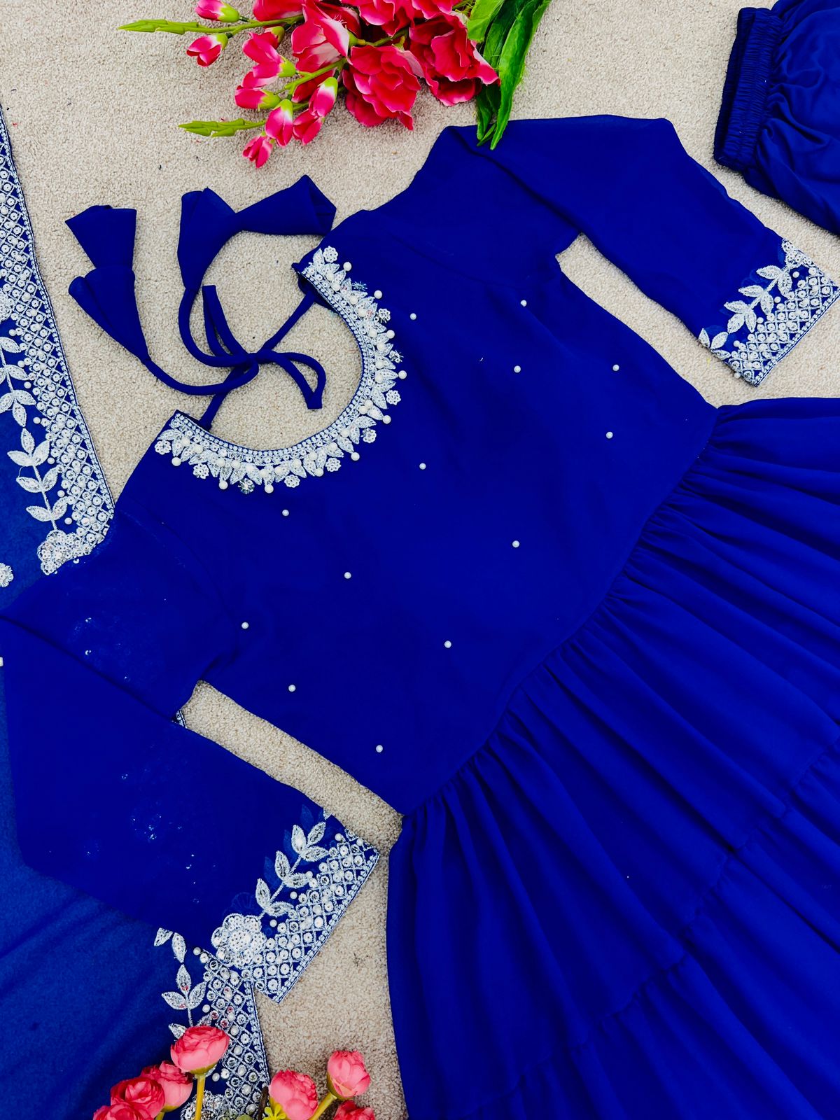 Ruffle Style Blue Color Sequence Work Anarkali Gown