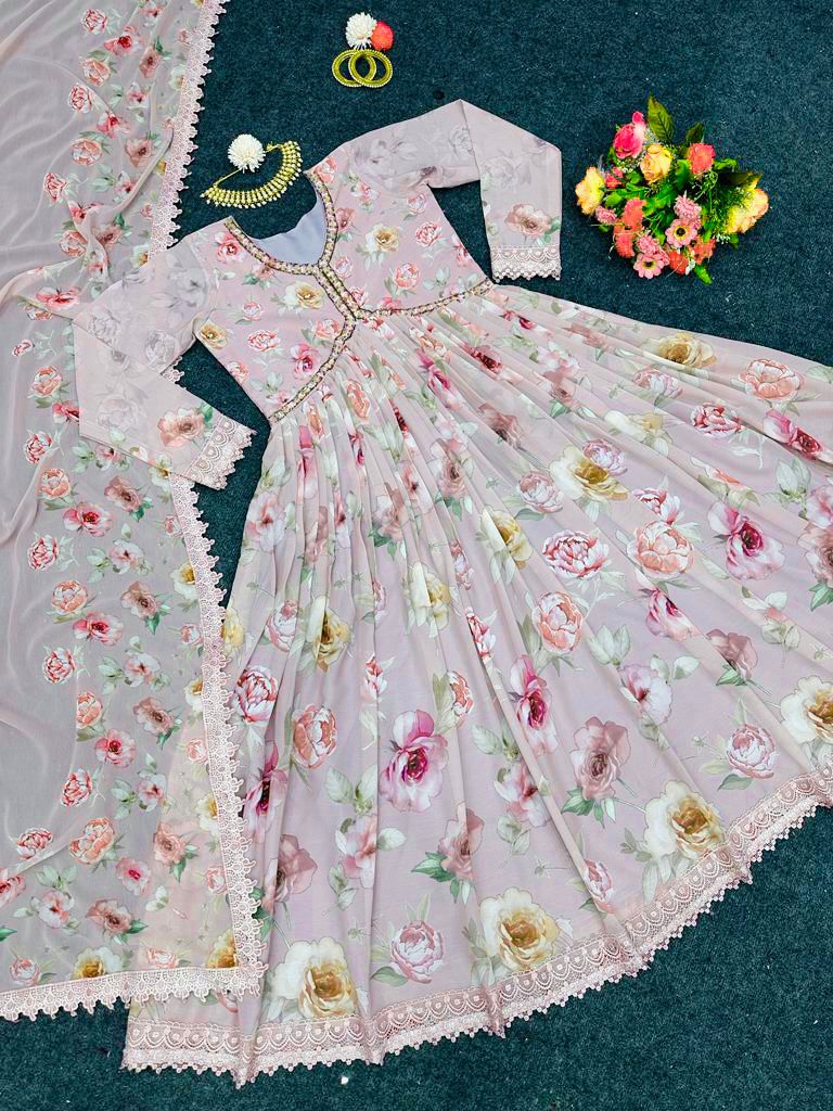 Amazing Hand Work Dusty Pink Gown With Dupatta