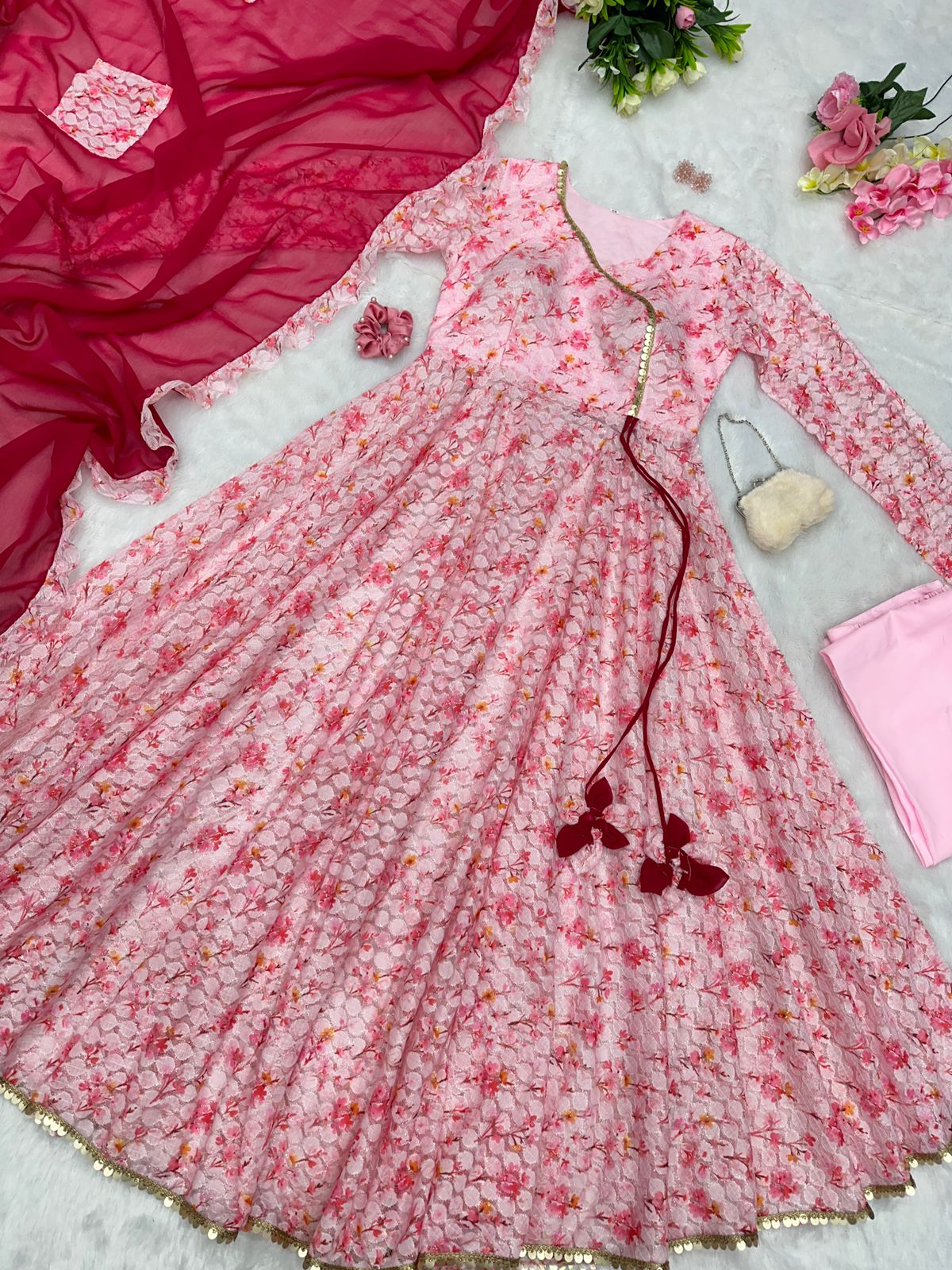 Multi Color Design With  Light Pink Color Wonderful Anarkali Gown