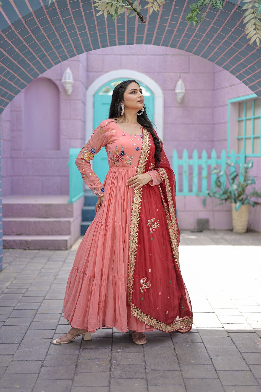 Exclusive Embroidery Work Peach Color Gown With Dupatta