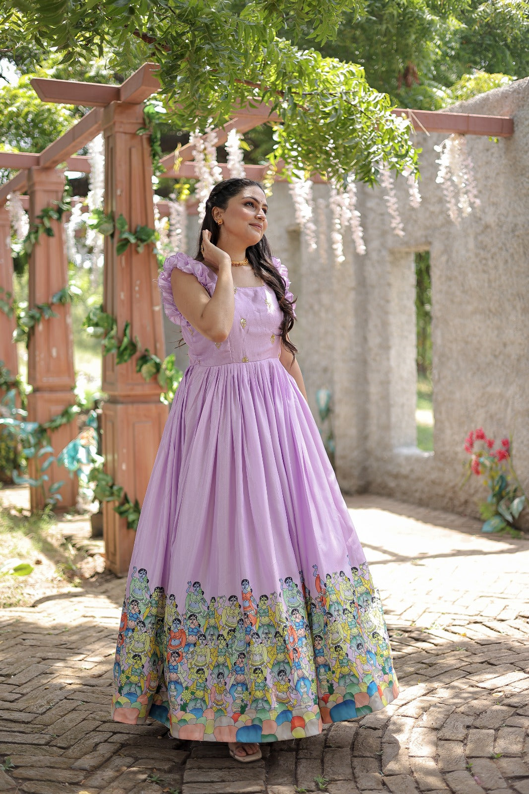Digital Printed Full Sleeves lavender Color Floral Gown With Fancy Sequins  Work Belt
