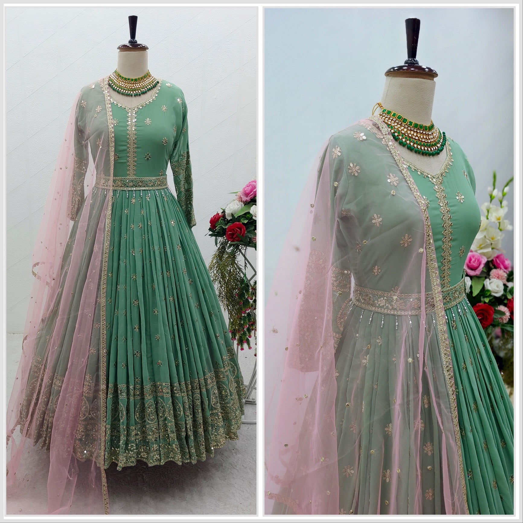 Designer Pista Green Long Anrakali Gown for Women or Girls Ready to Wear  Stylish Gown Bridesmaids Wear Indian Wedding Wear Gown Dupatta Dres - Etsy