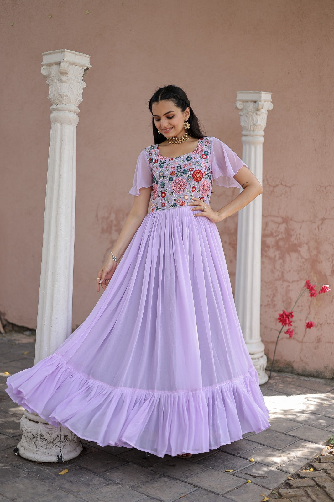 Wonderful Embroidered Work Ruffle Lavender Color Gown