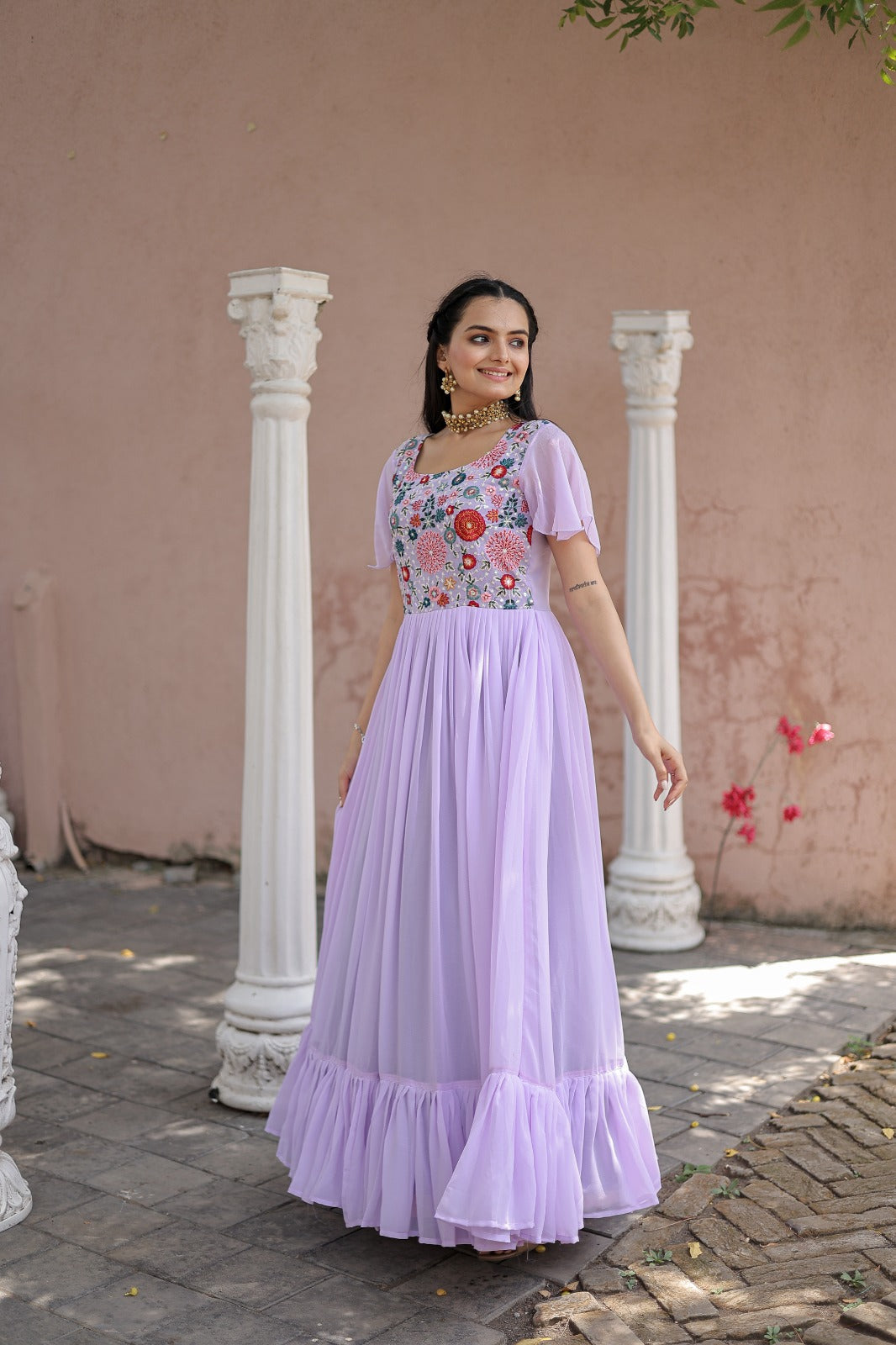 Wonderful Embroidered Work Ruffle Lavender Color Gown