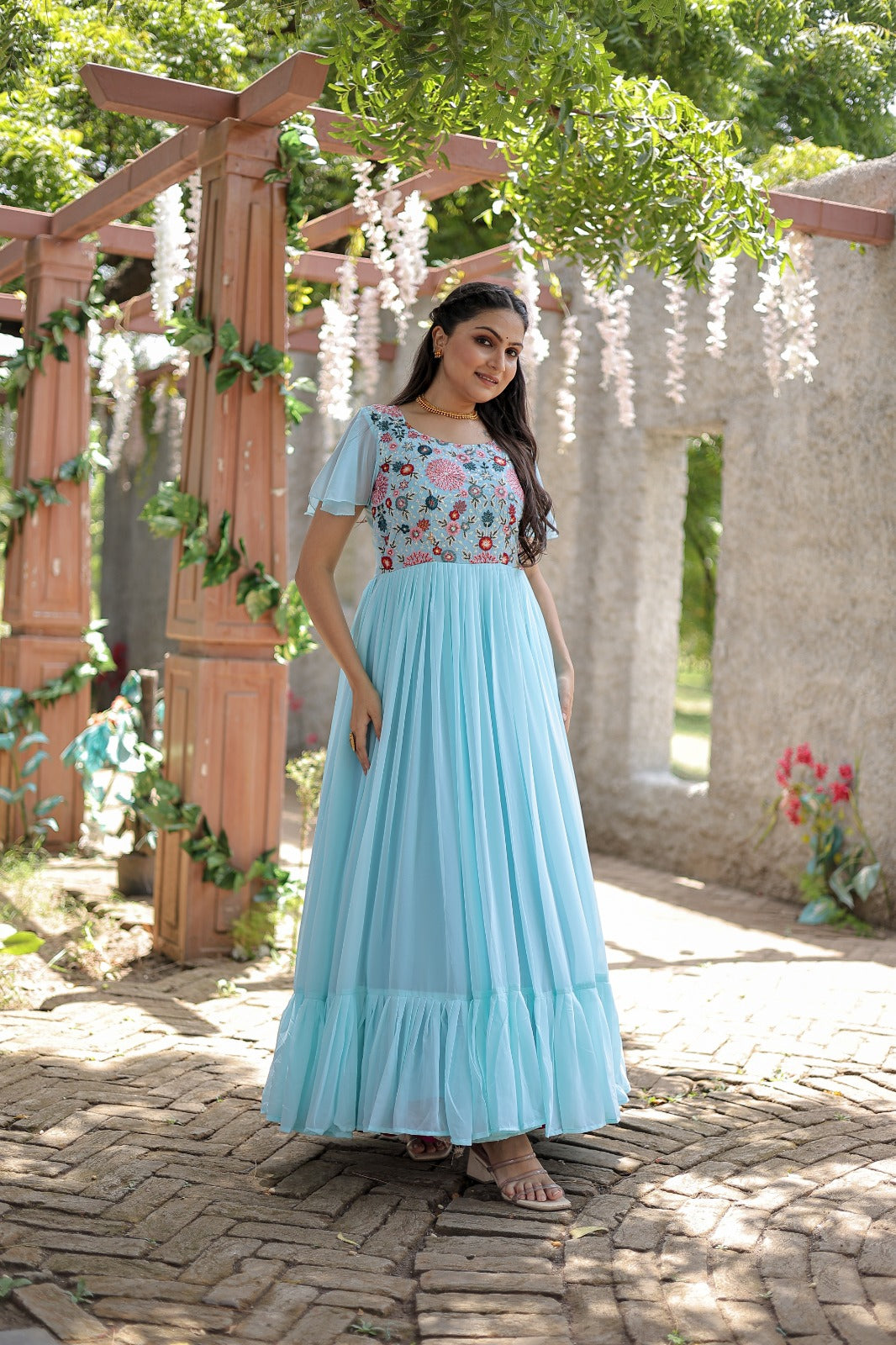 Wonderful Embroidered Work Ruffle Sky Blue Color Gown