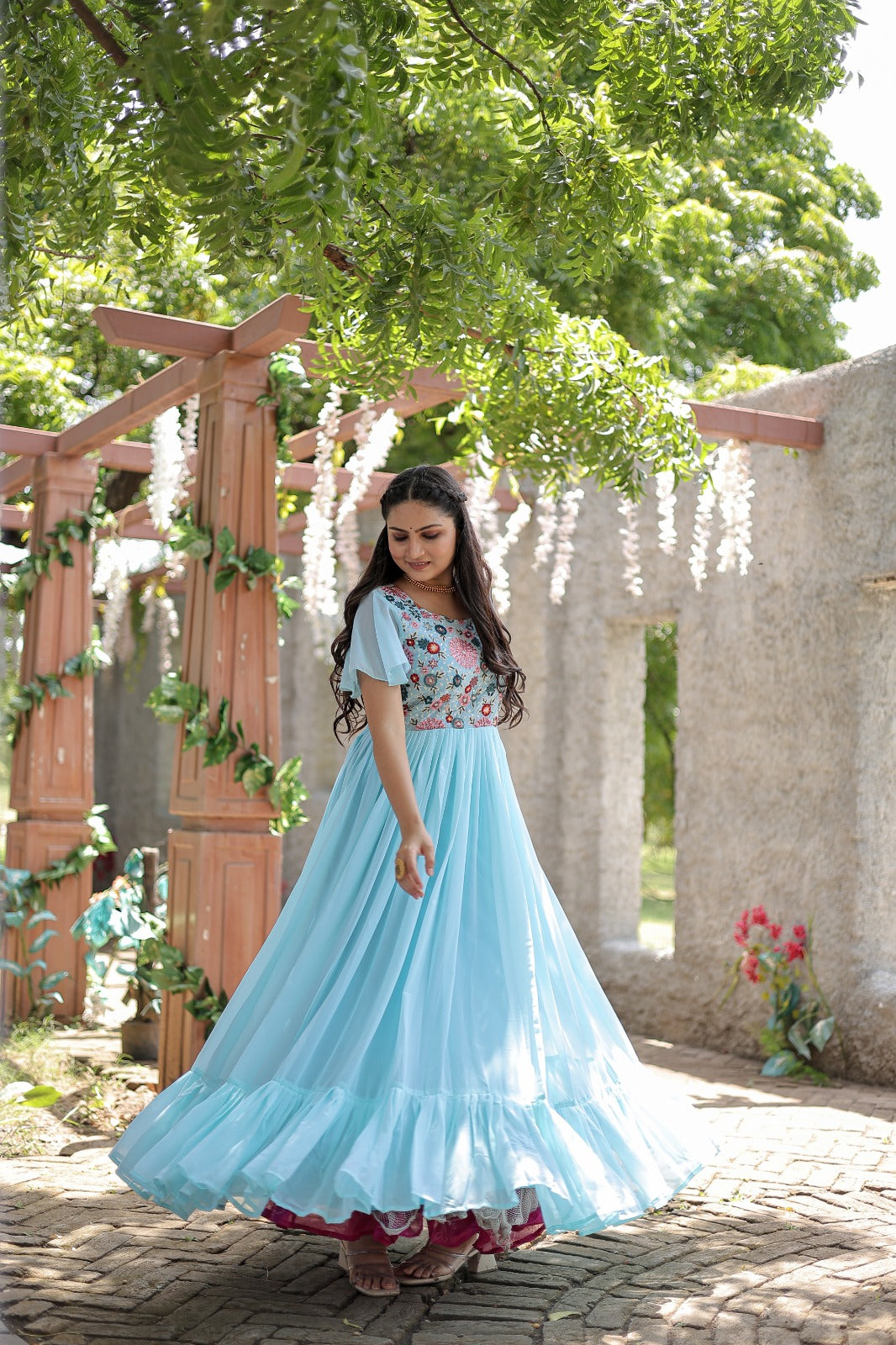 Wonderful Embroidered Work Ruffle Sky Blue Color Gown