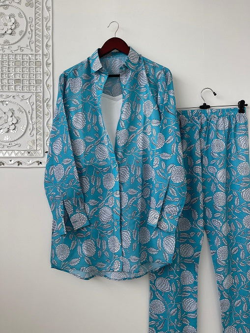 Stylish Digital Print Sky Blue Color Shirt With Pant Cord Set