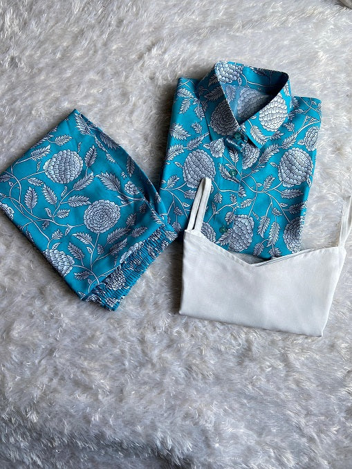 Stylish Digital Print Sky Blue Color Shirt With Pant Cord Set