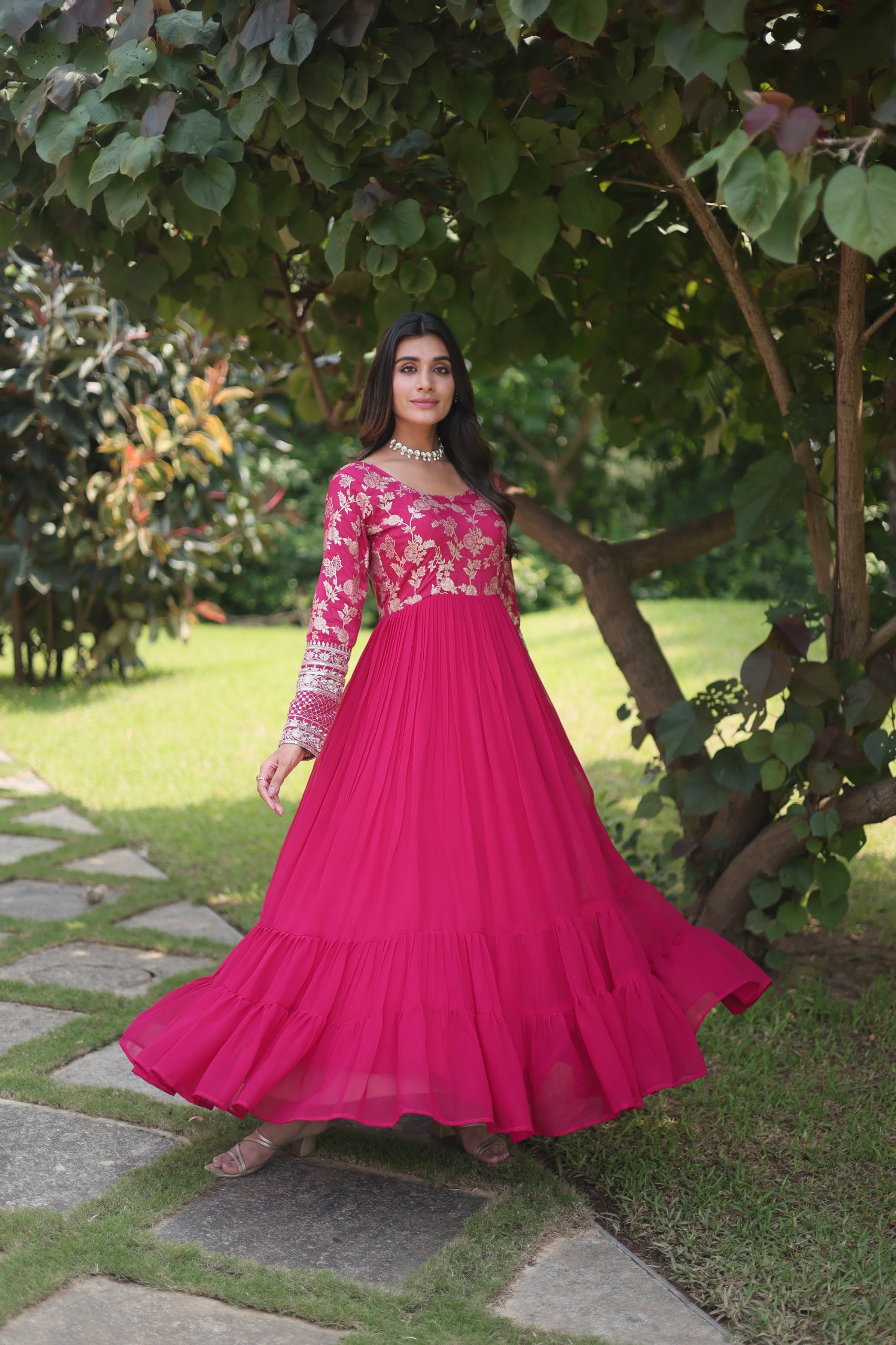 Pink Color Embroidery Work Long Gown