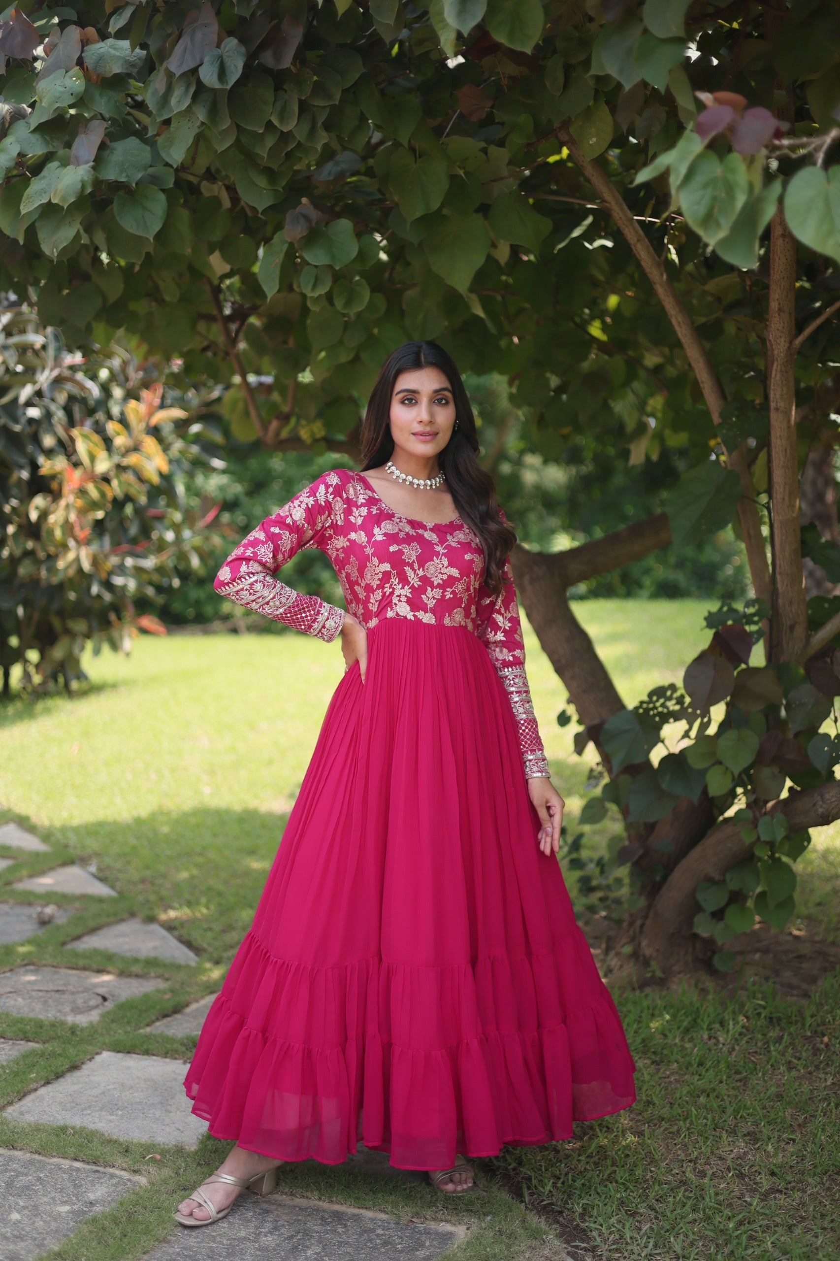 Pink Color Embroidery Work Long Gown