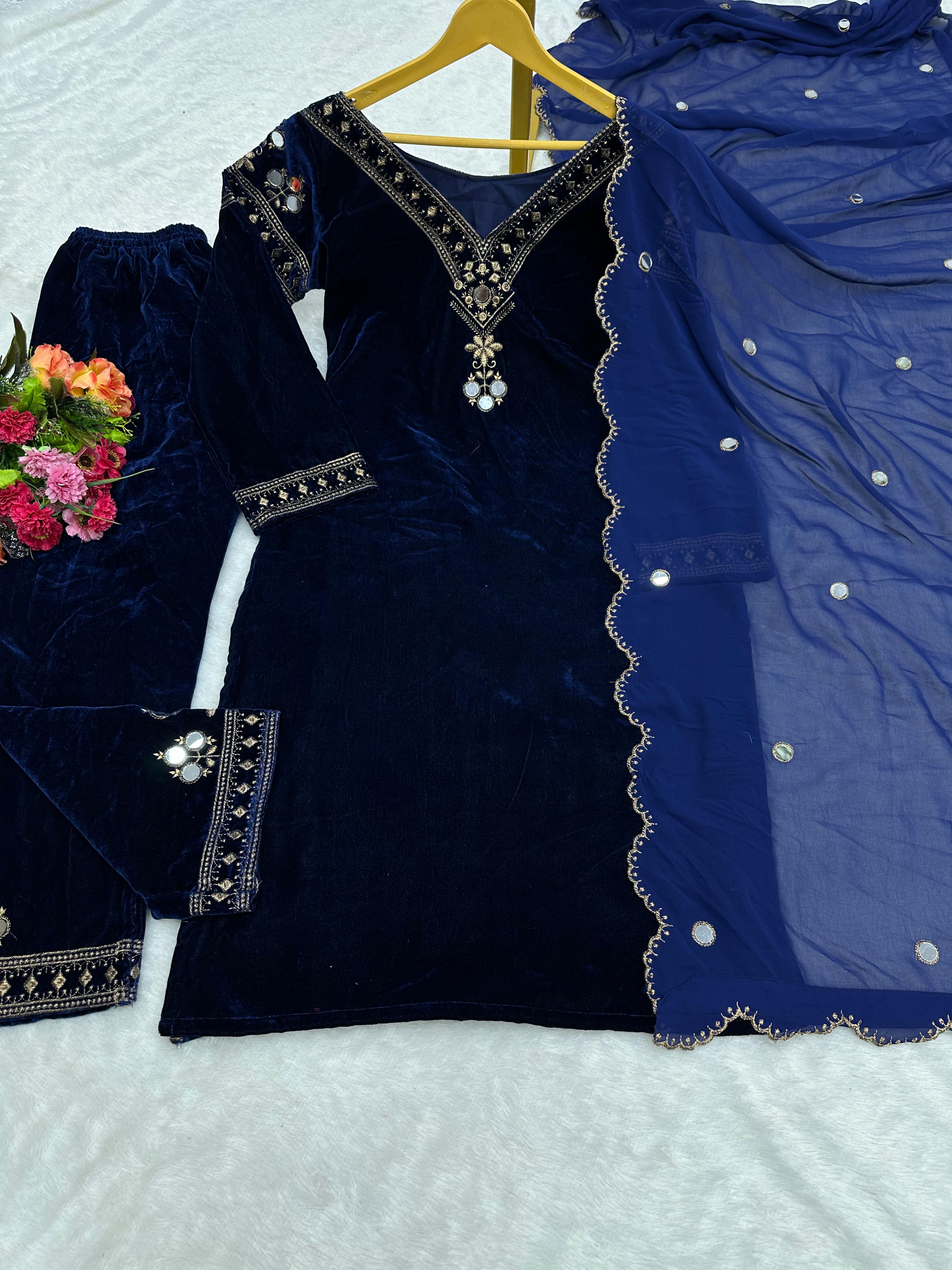 Alia Bhatt Style Navy Blue Velvet Designer Suit