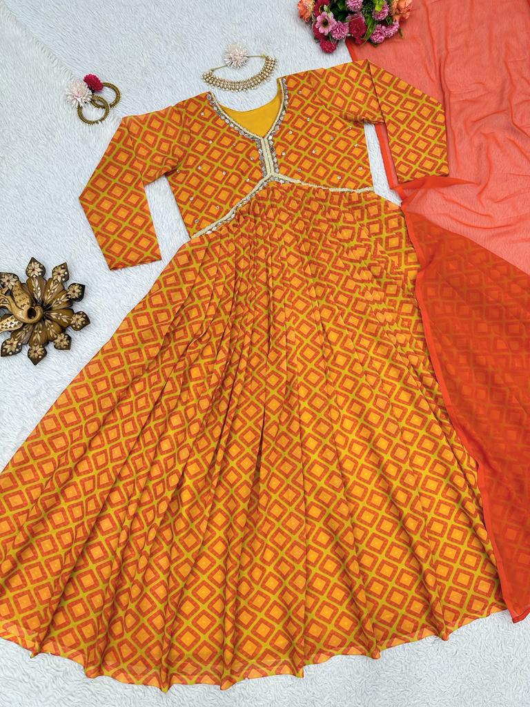 Alia Cut Digital Print Yellow Color Gown With Dupatta