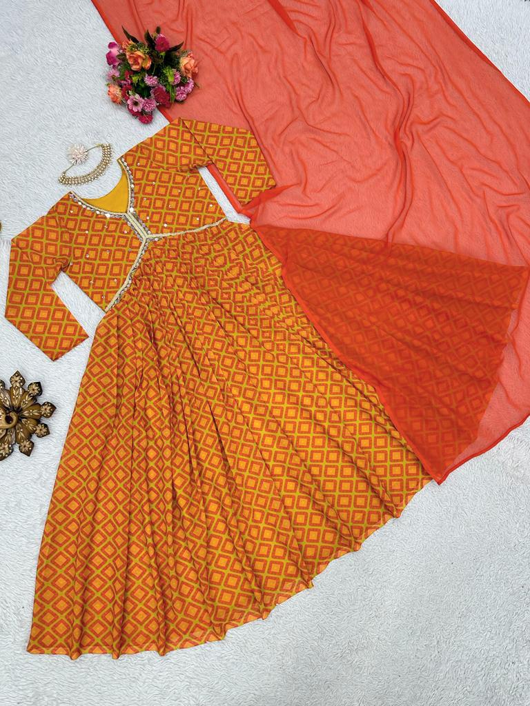 Alia Cut Digital Print Yellow Color Gown With Dupatta