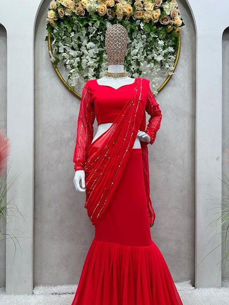 Pinkish red lehenga | Half saree designs, Half saree, Half saree lehenga