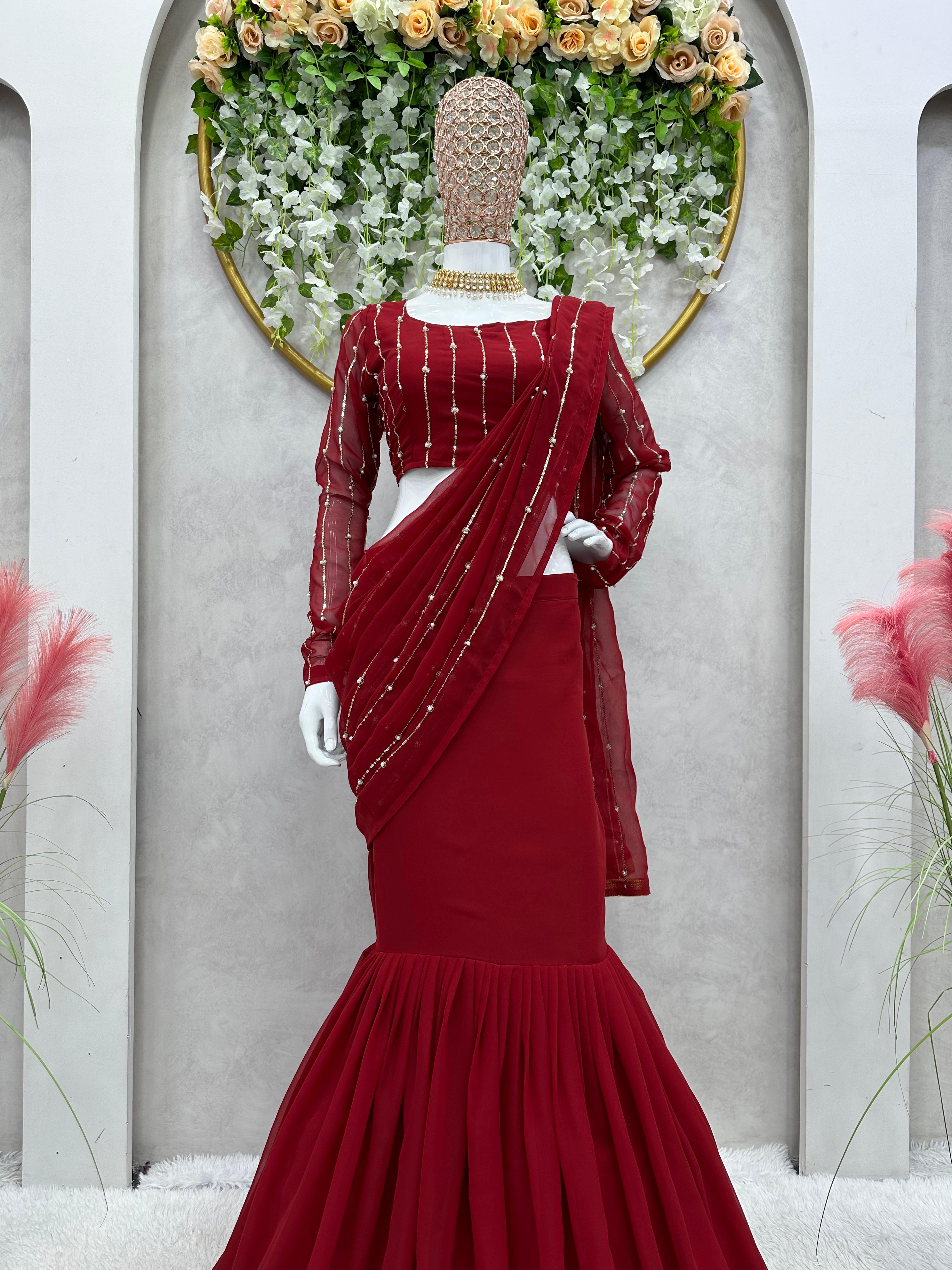 Ruby Red Satin Silk Embroidered Lehenga Style Saree |SARV167132