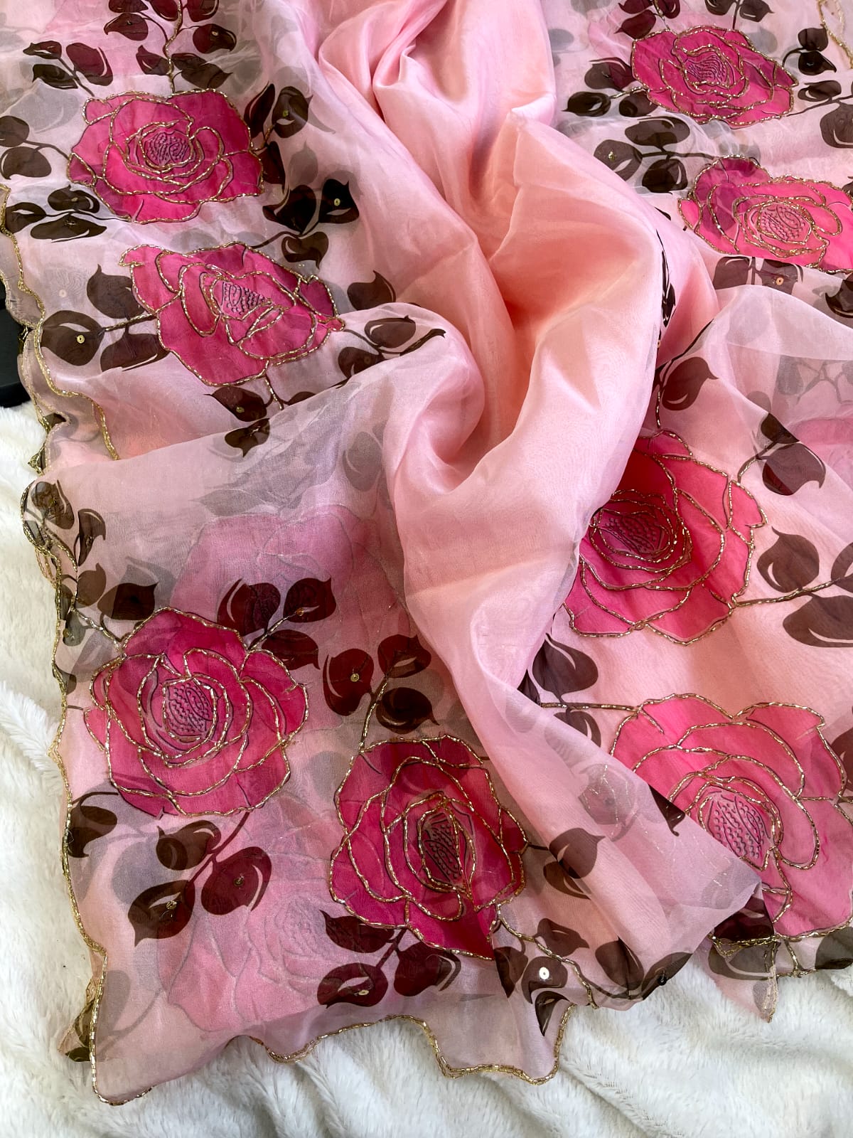 Amazing Hand Print Floral Design Heavy Work Light Pink Saree