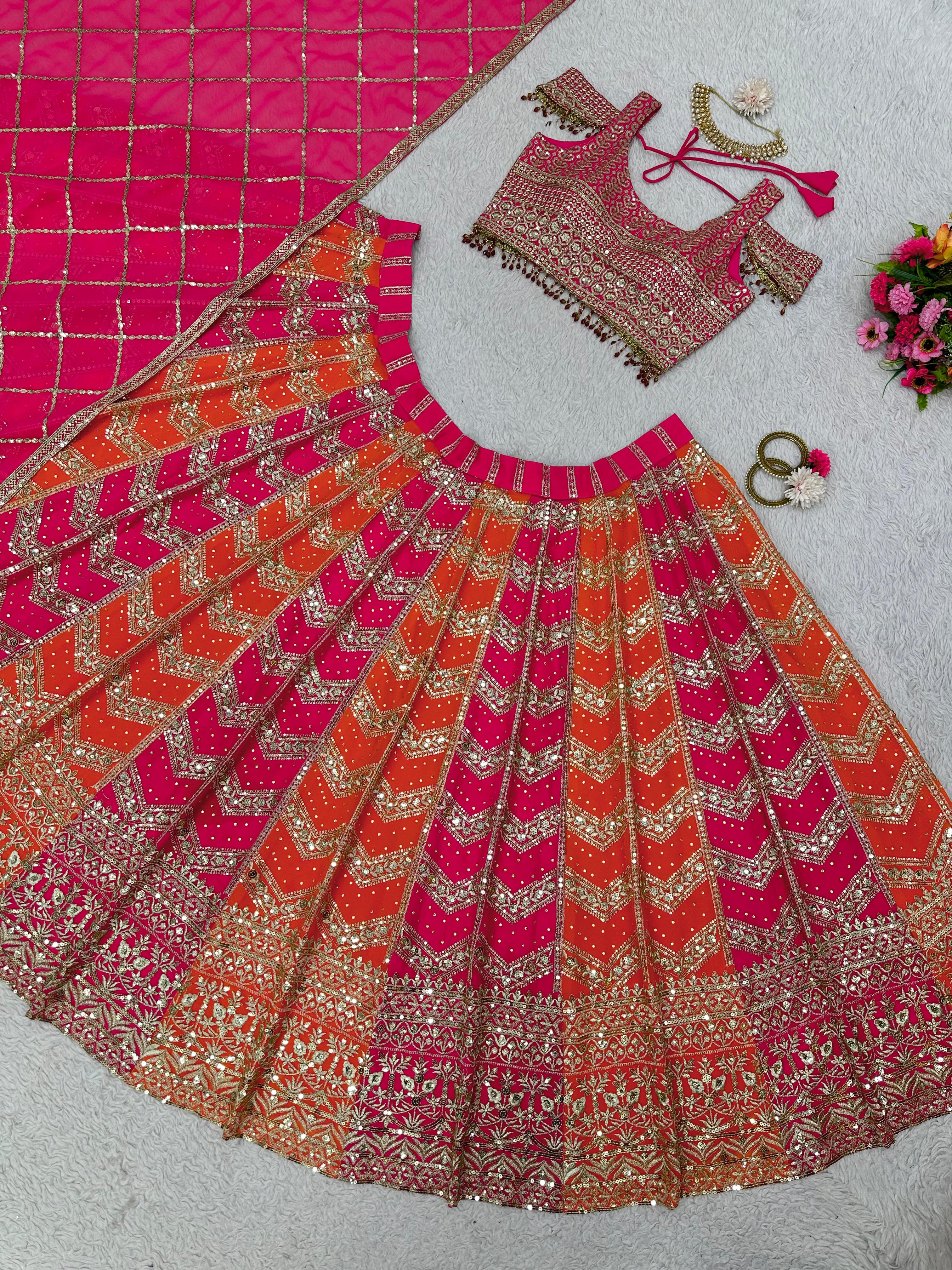 Lehenga Choli : Pink and orange print thread sequence embroidered ...