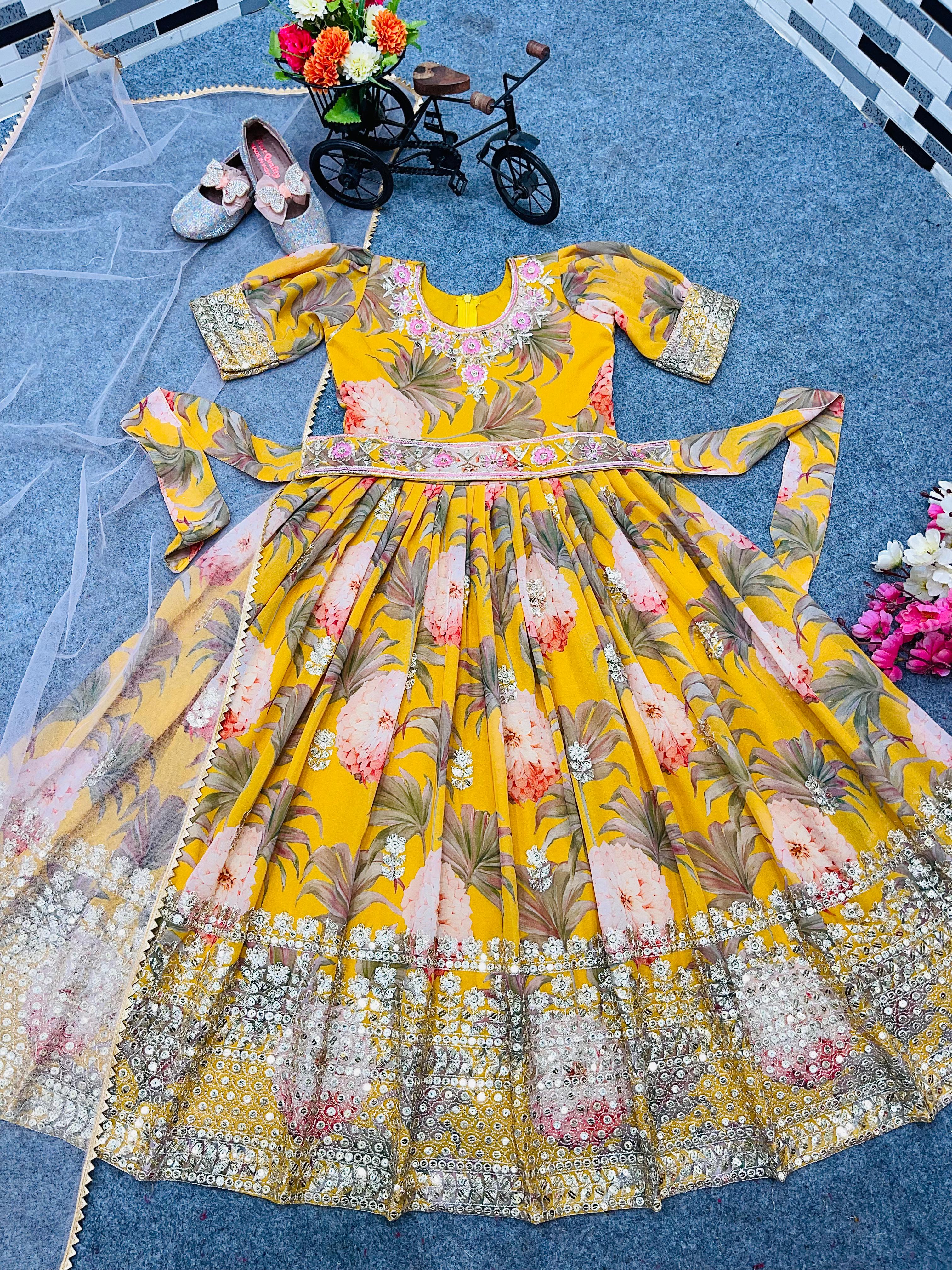 Good Looking Digital Print Work Yellow Color Baby Girl Gown