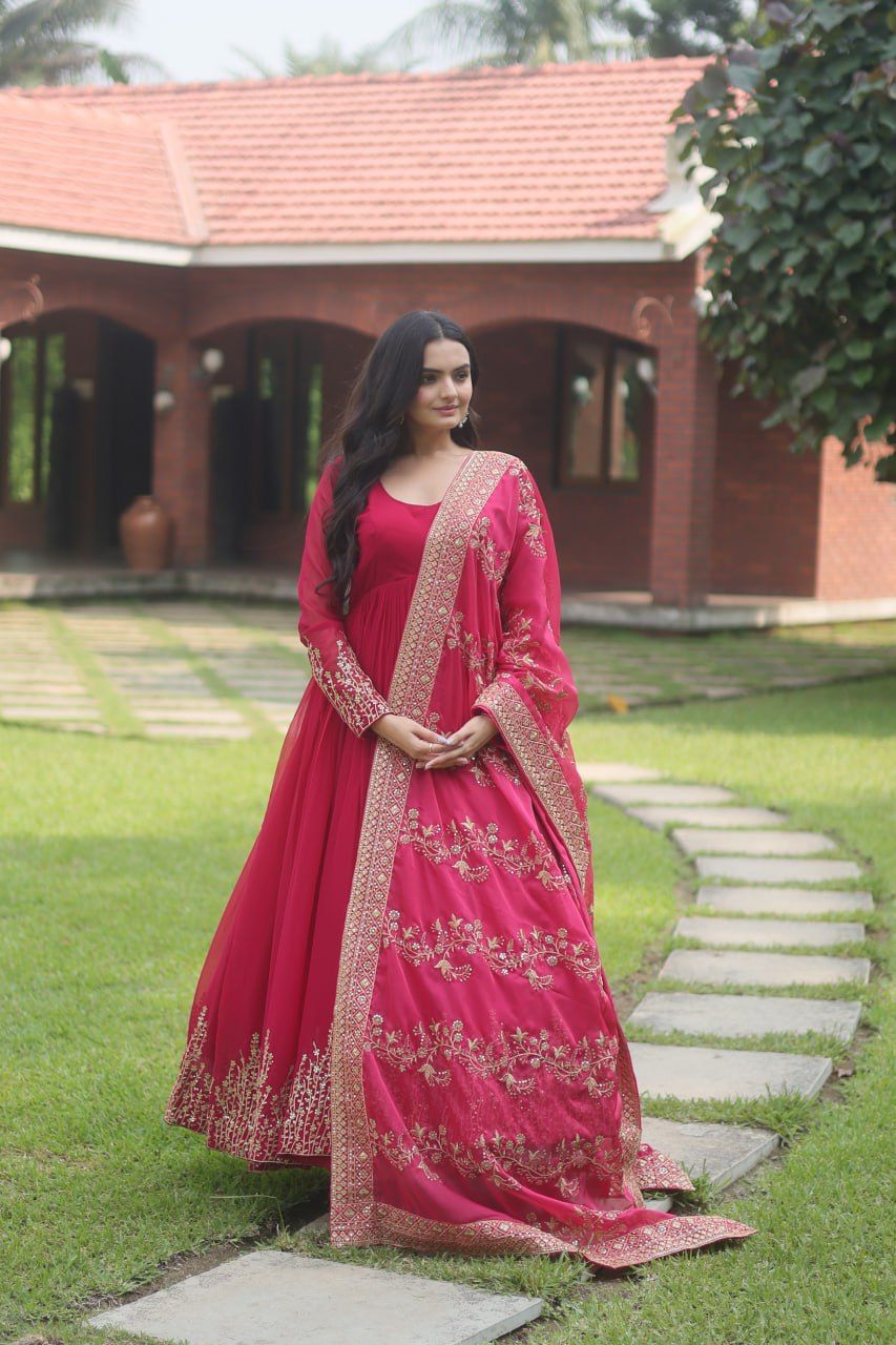 Wedding Wear Embroidery Work Pink Long Gown With Work Dupatta