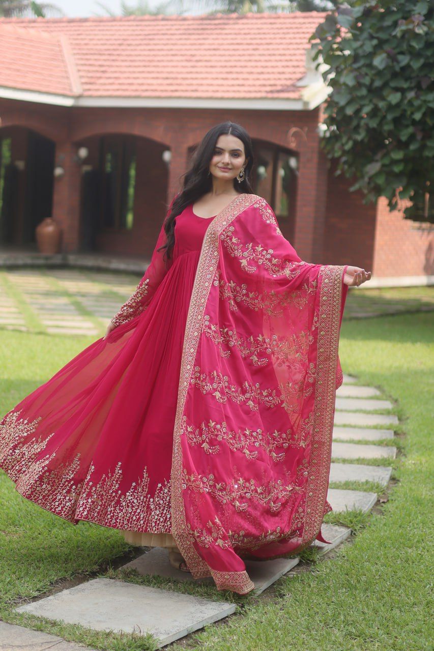 Wedding Wear Embroidery Work Pink Long Gown With Work Dupatta