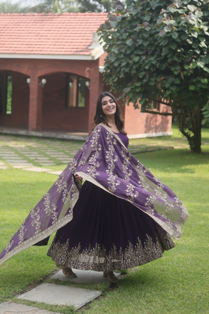 Wedding Wear Embroidery Work Purple Long Gown With Work Dupatta