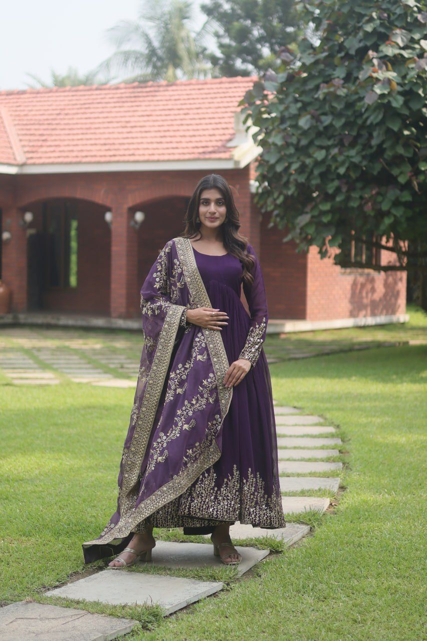 Wedding Wear Embroidery Work Purple Long Gown With Work Dupatta