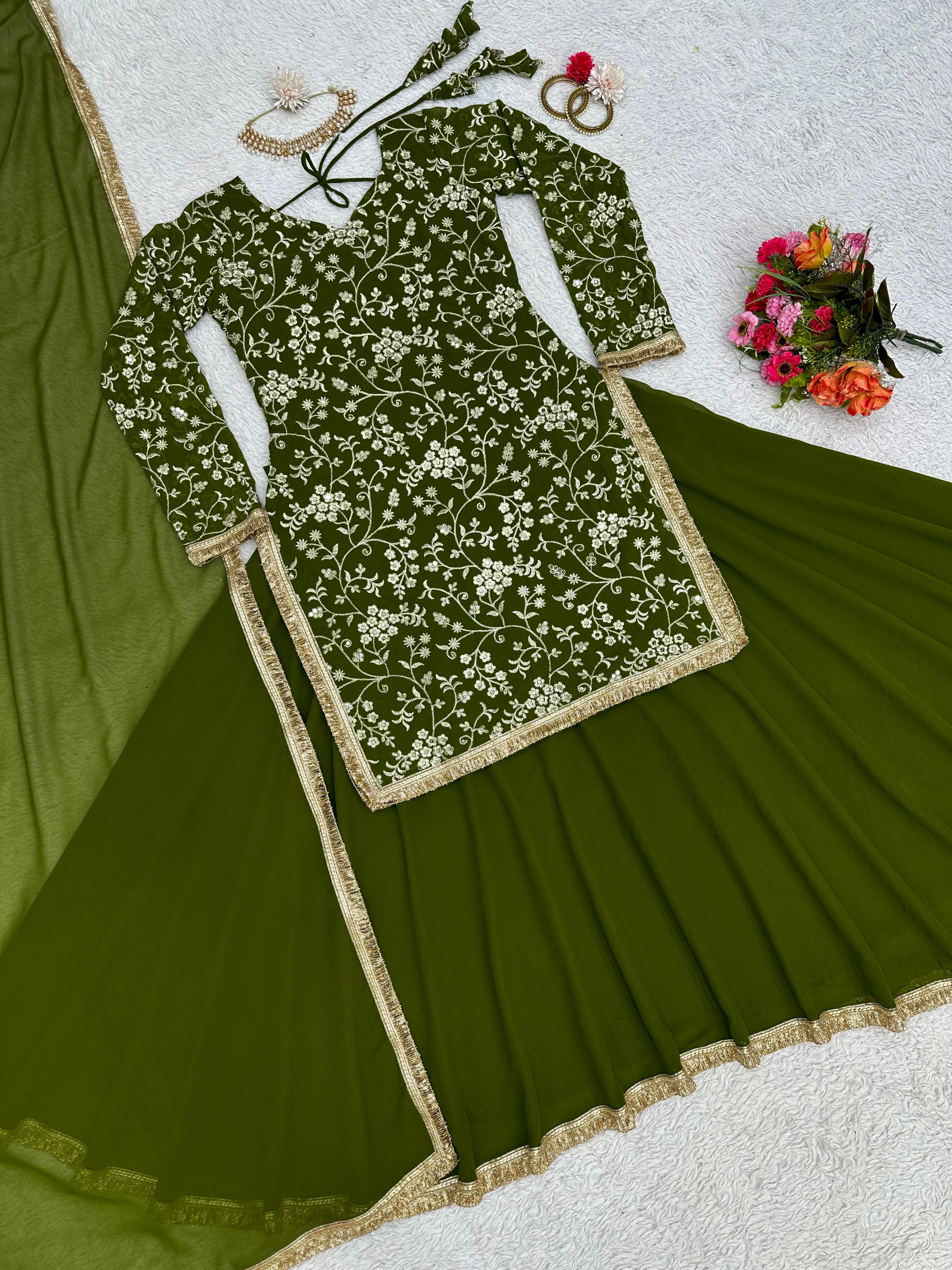GREEN VELVET EMBROIDERY SEQUENCE WITH MOTI PARTY WEAR GOWN WITH DUPATT –  Royskart