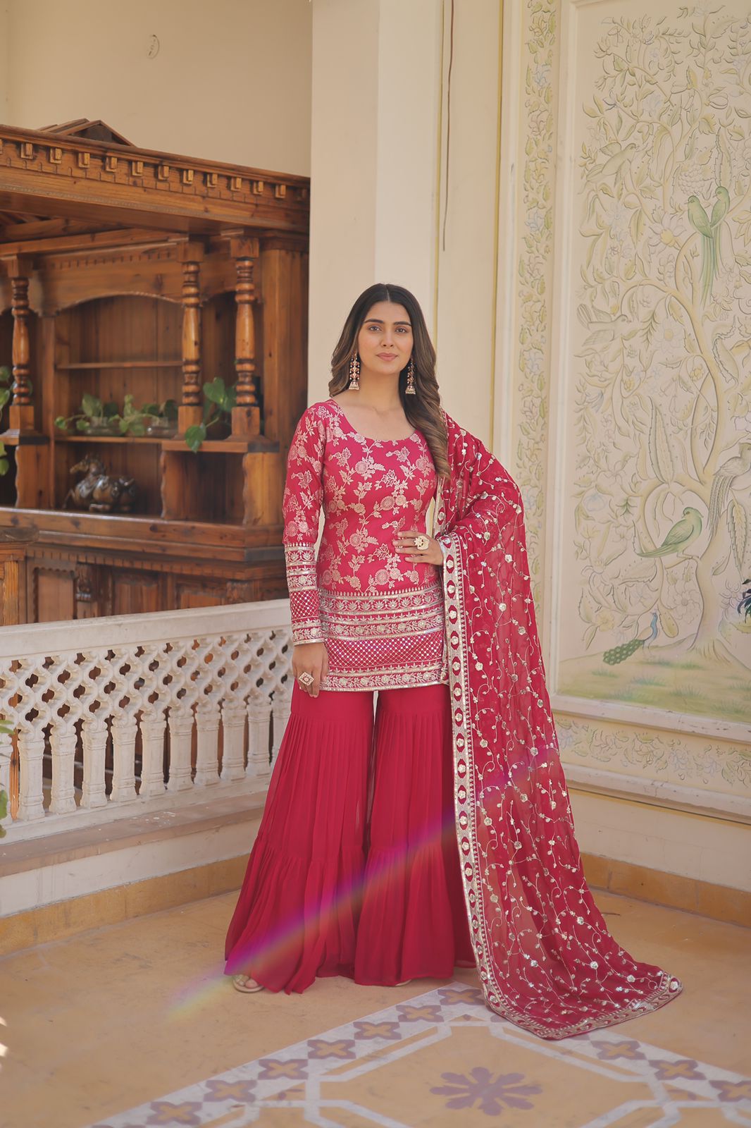 Zari Embroidered Work  Pink Sharara Suit