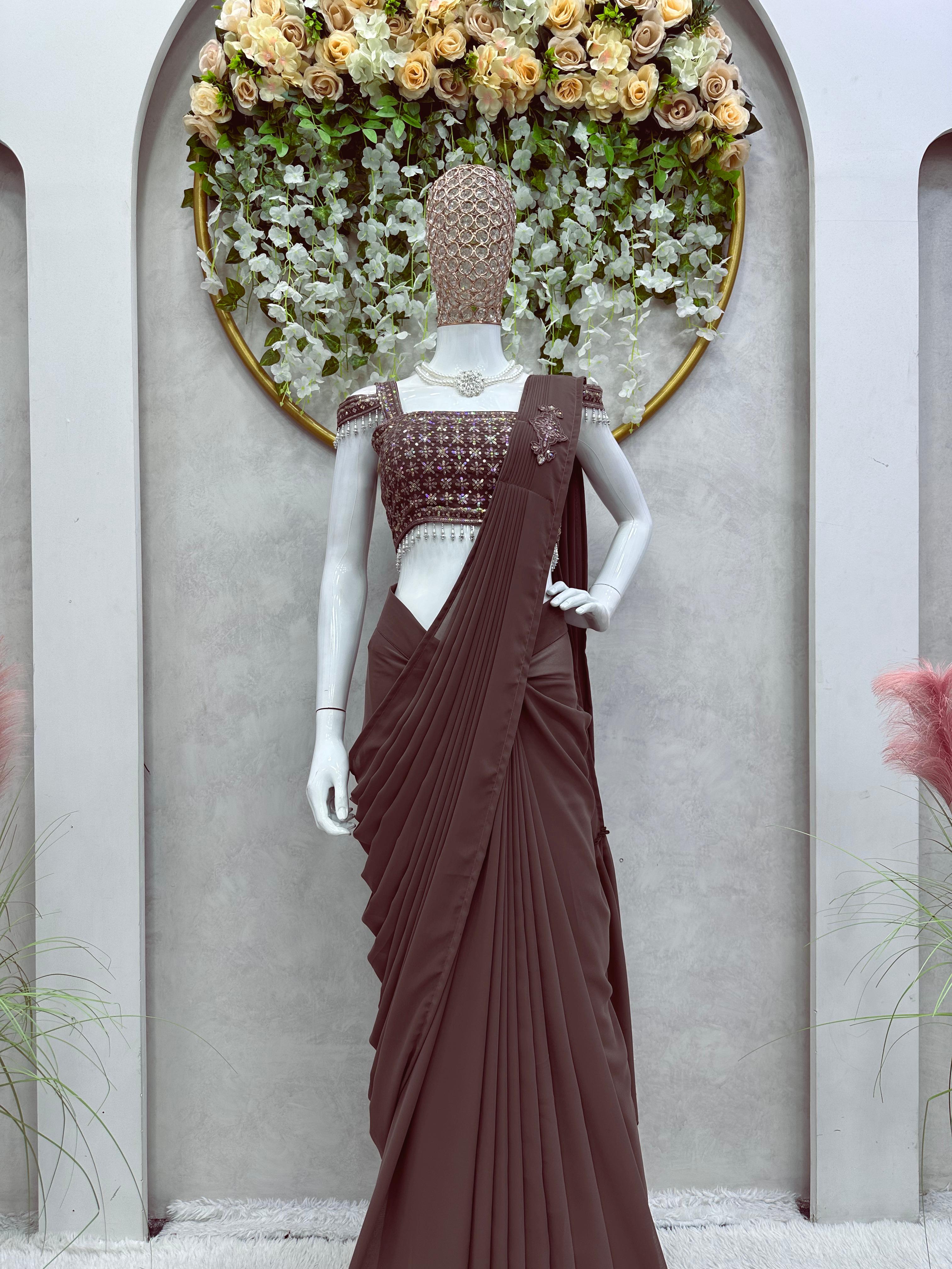Ruffle Style Brown Ready To Wear Saree With Work Blouse
