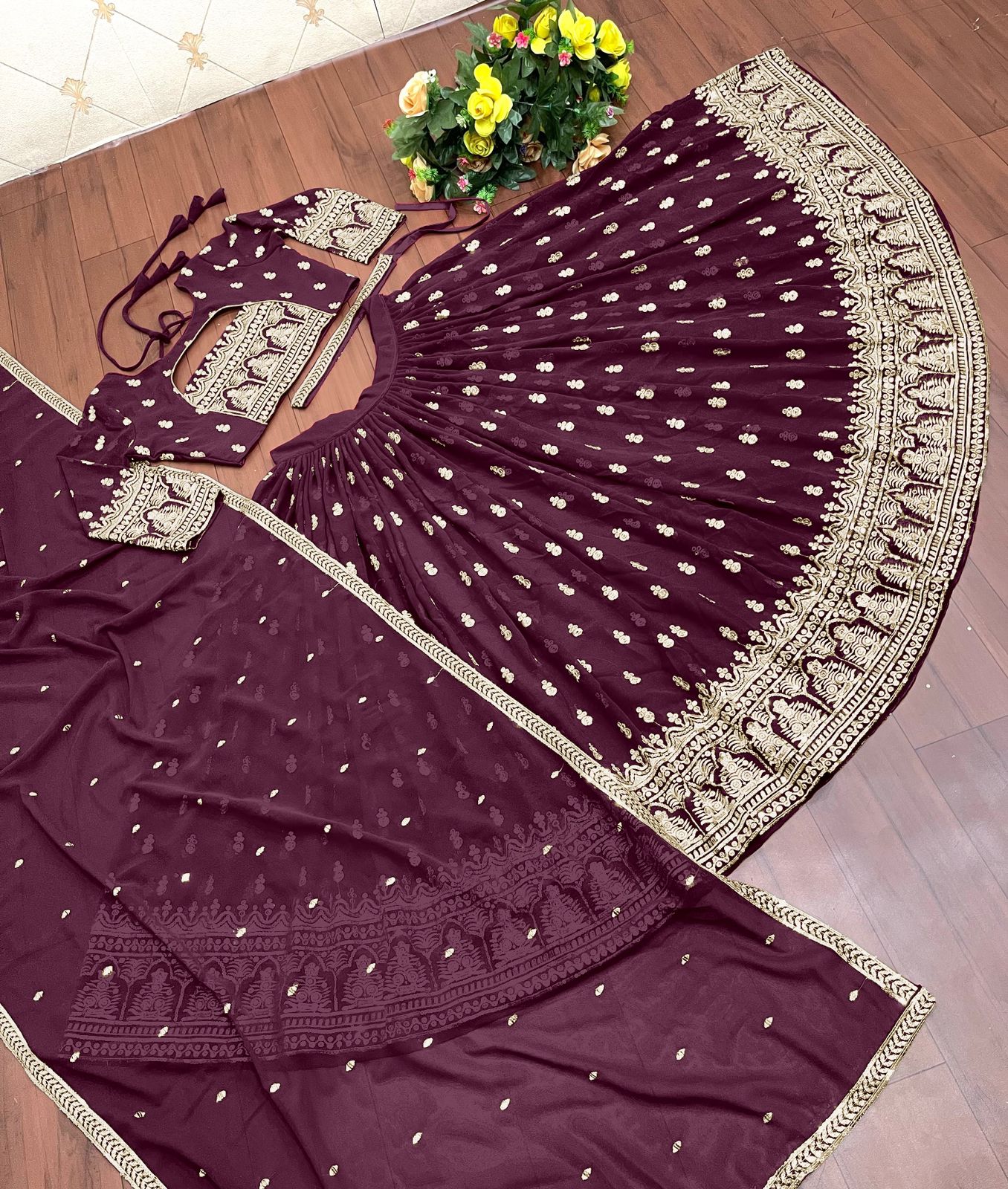 Buy Stylish Coffee Velvet Embroidered Work Designer Lehenga Choli at best  price - Gitanjali Fashions