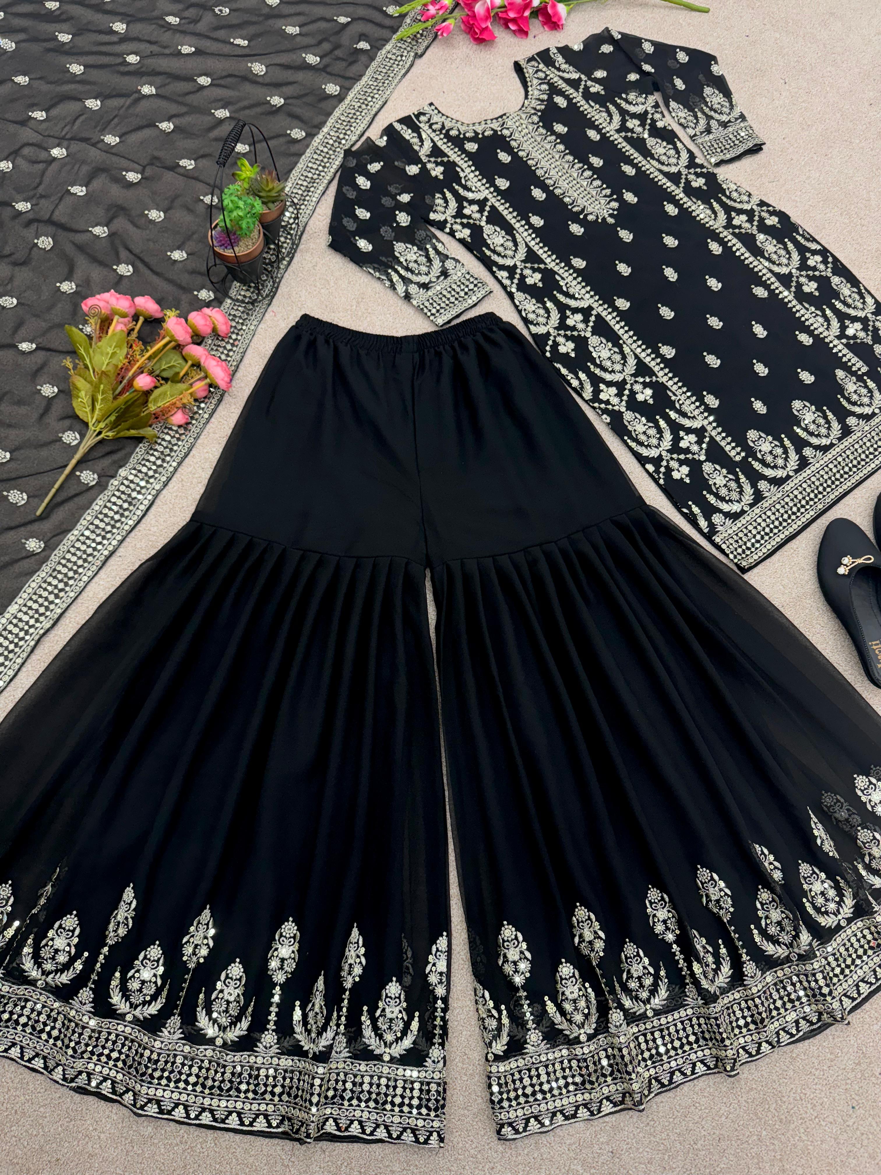 Flattering Embroidered Work Black Color Sharara Suit