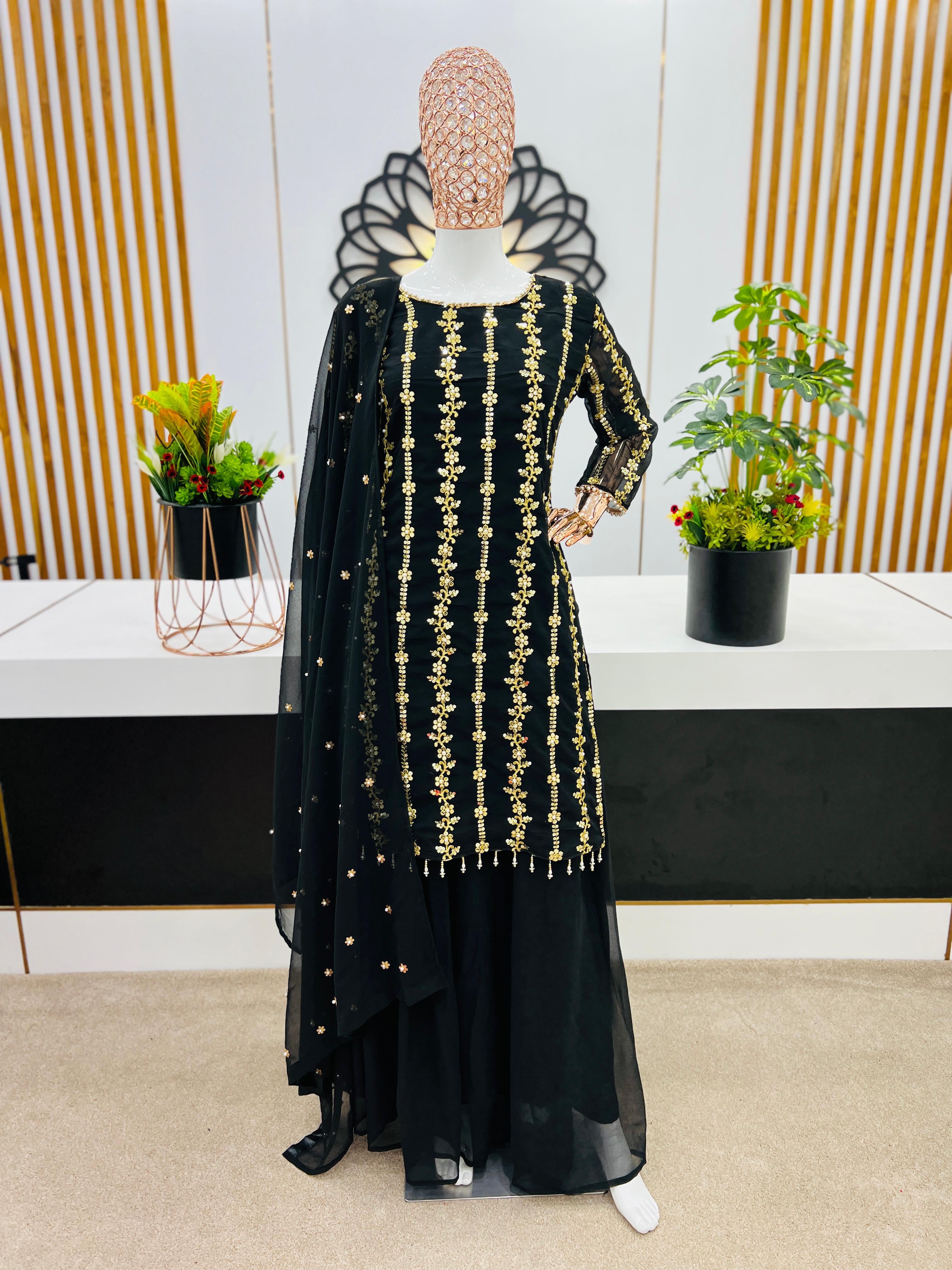 Black Party Wear Sharara Suit Heavy Sequins Embroidery Work
