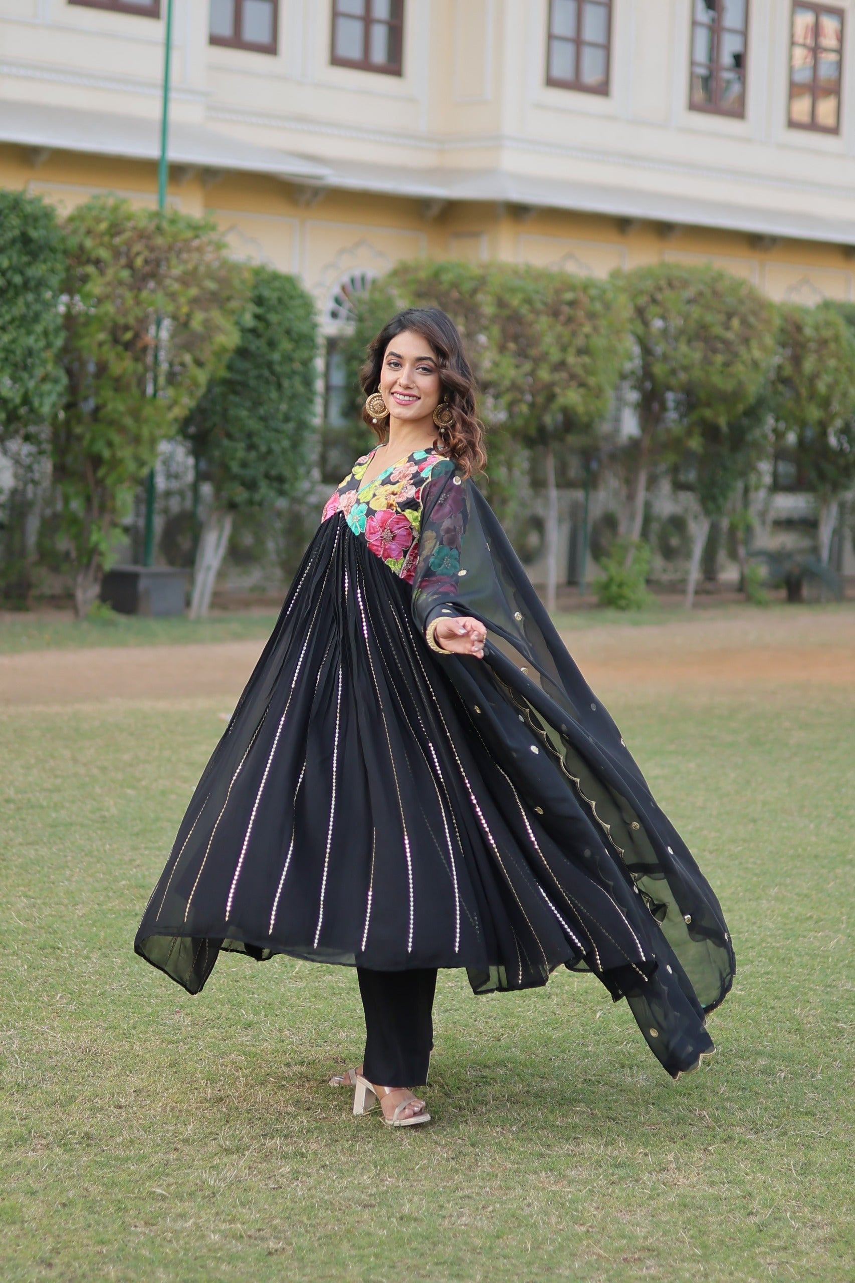 Party Wear Multi Flower Print Black Anarkali Suit