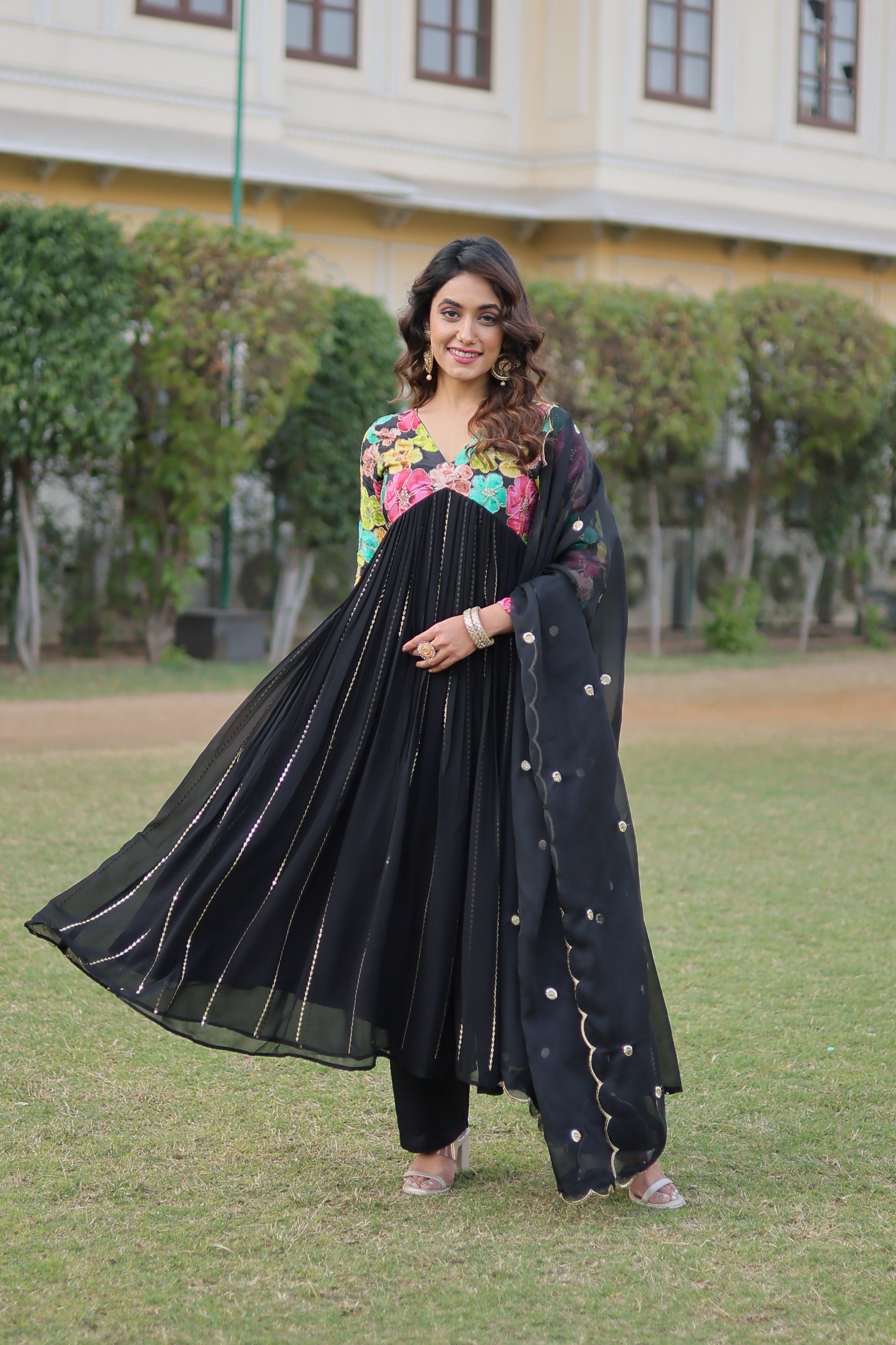 Party Wear Multi Flower Print Black Anarkali Suit