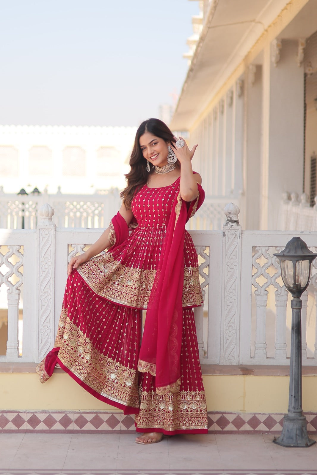 Sequins And Zari Embroidered Work Pink Color Palazzo Suit