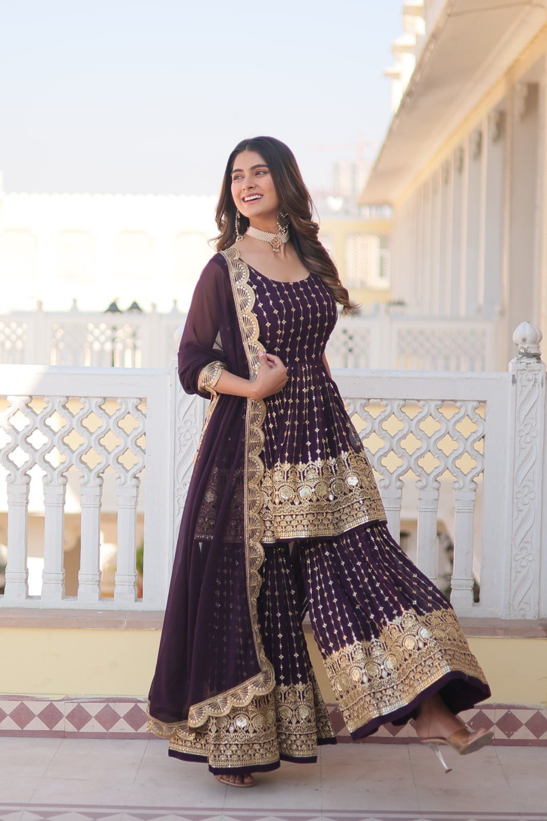 Sequins And Zari Embroidered Work Wine Color Palazzo Suit