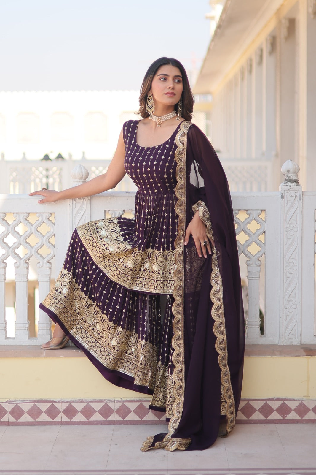 Sequins And Zari Embroidered Work Wine Color Palazzo Suit