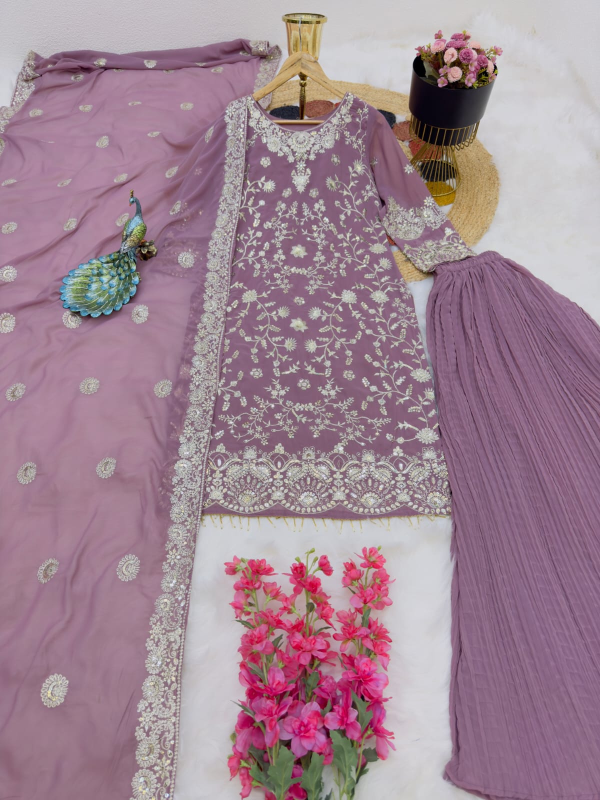 Amazing Dusty Pink Color Embroidery Work Sharara Suit