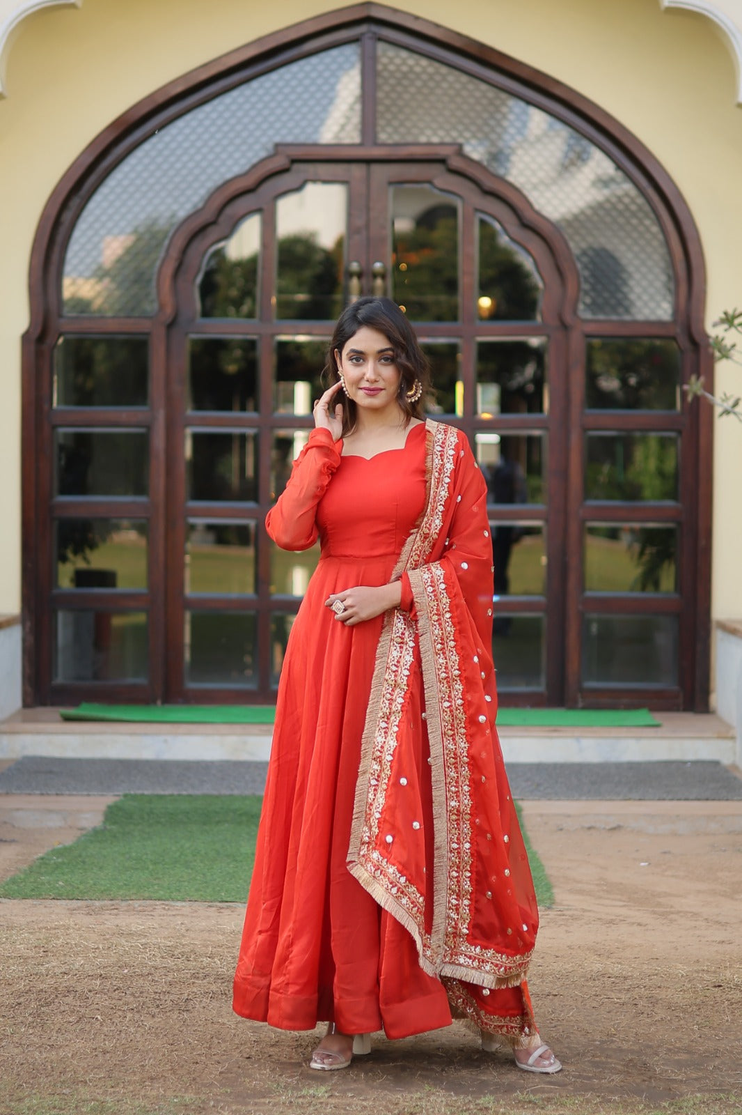 Amazing Orange Color Gown With Work Dupatta